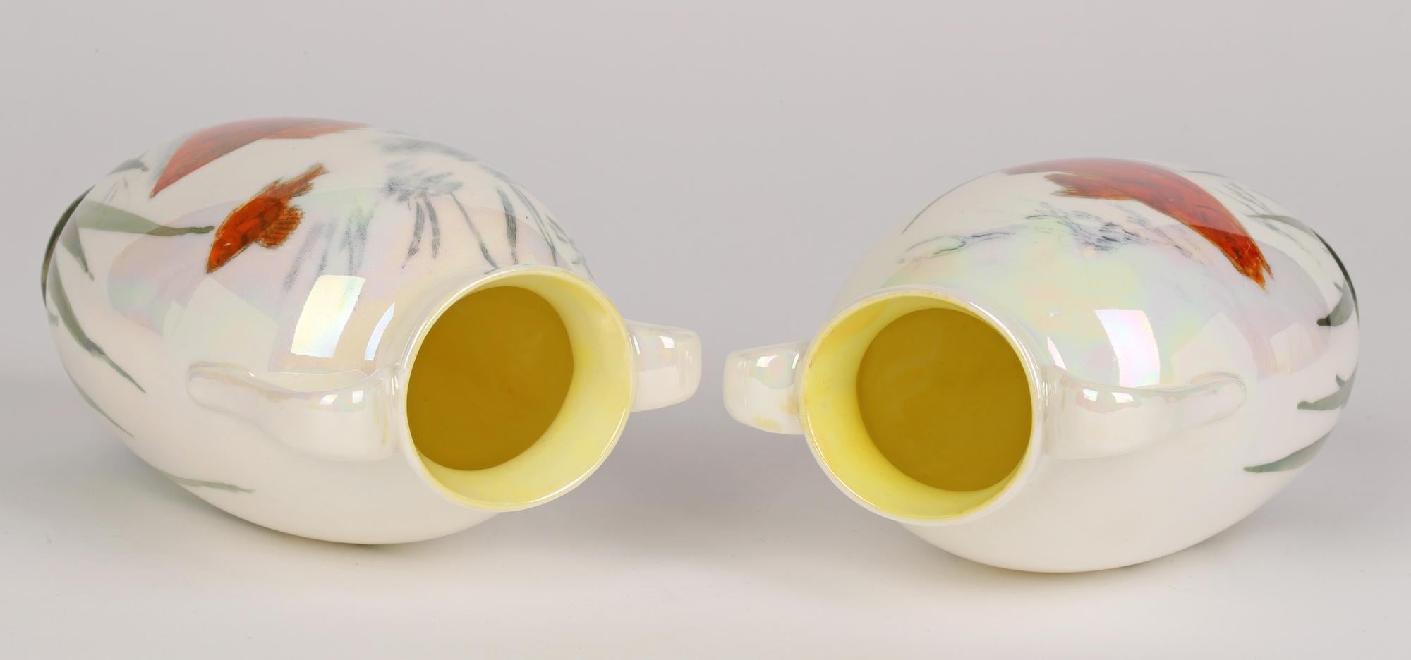 Art Deco Royal Doulton Pair Twin Handled Lustre Glazed Art Pottery Vases with