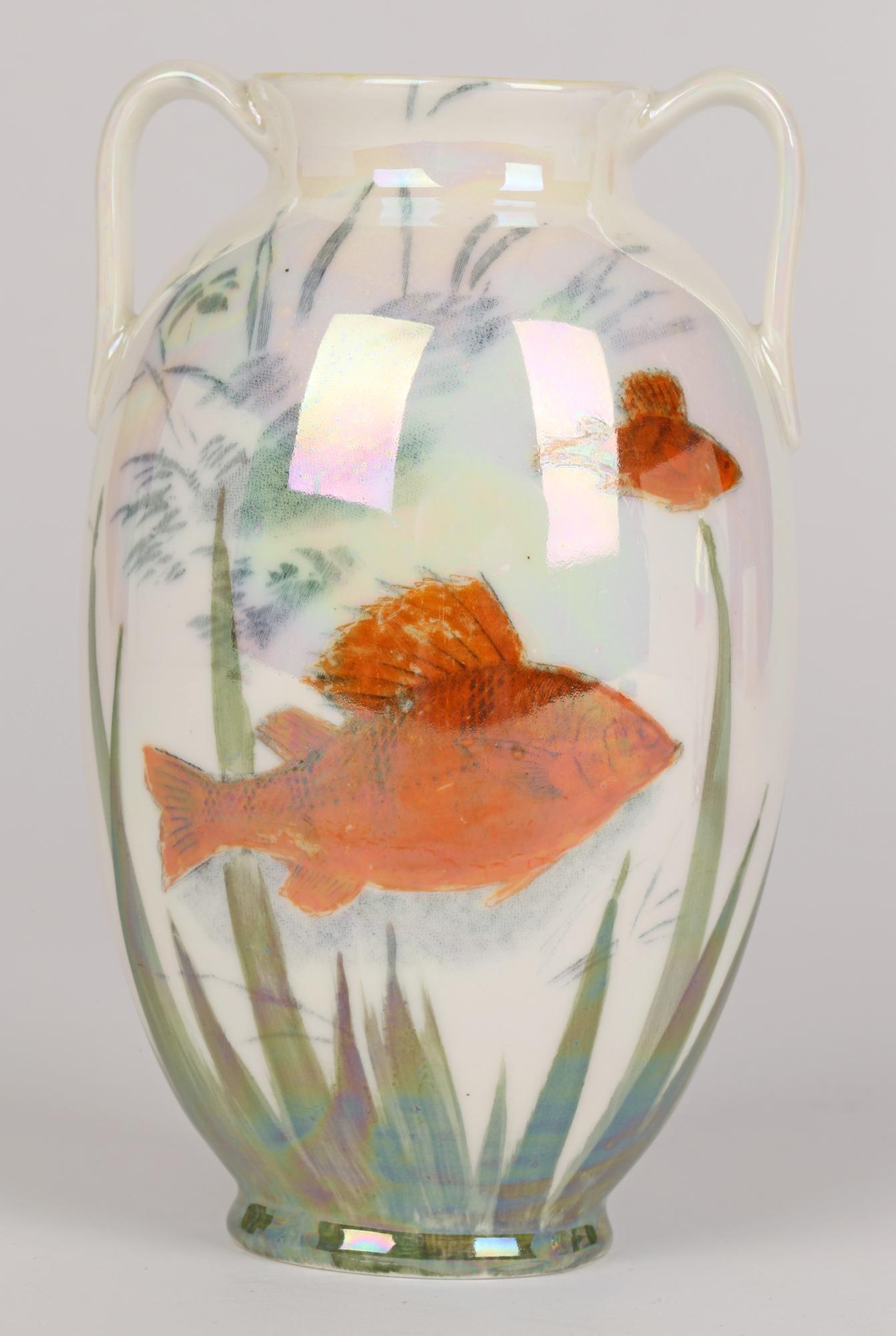 English Royal Doulton Pair Twin Handled Lustre Glazed Art Pottery Vases with