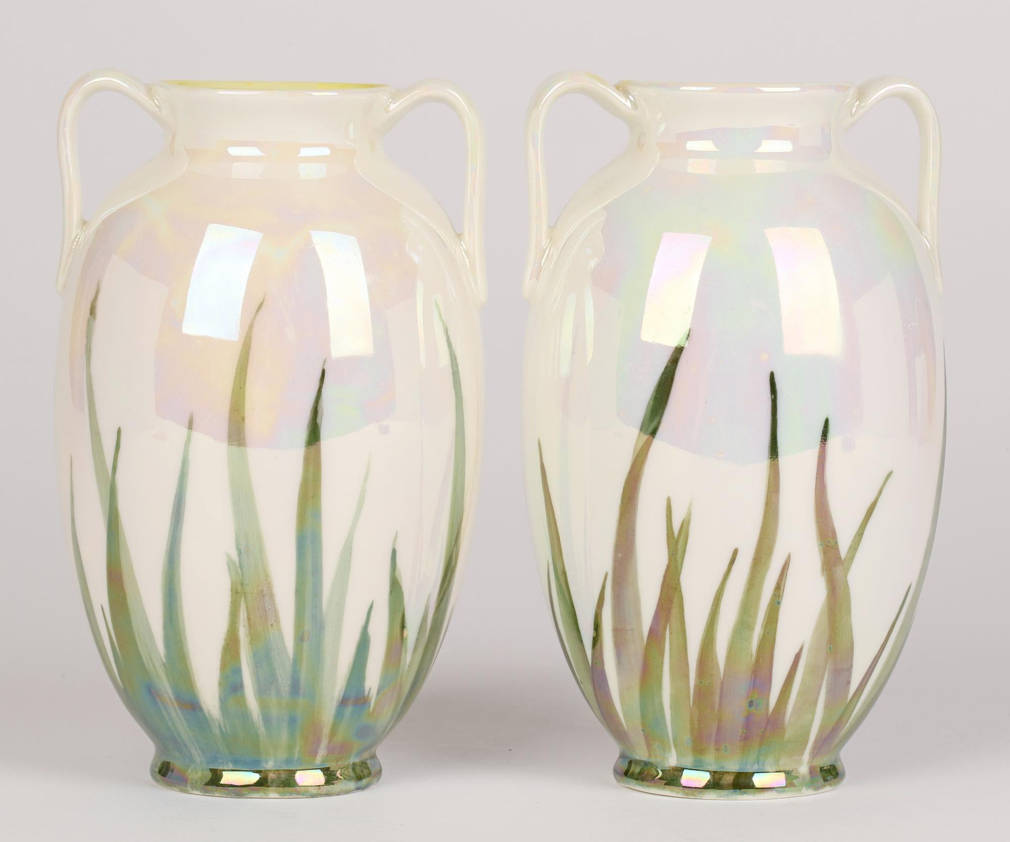 Hand-Painted Royal Doulton Pair Twin Handled Lustre Glazed Art Pottery Vases with
