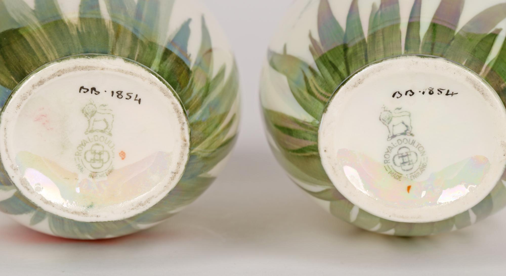 Porcelain Royal Doulton Pair Twin Handled Lustre Glazed Art Pottery Vases with