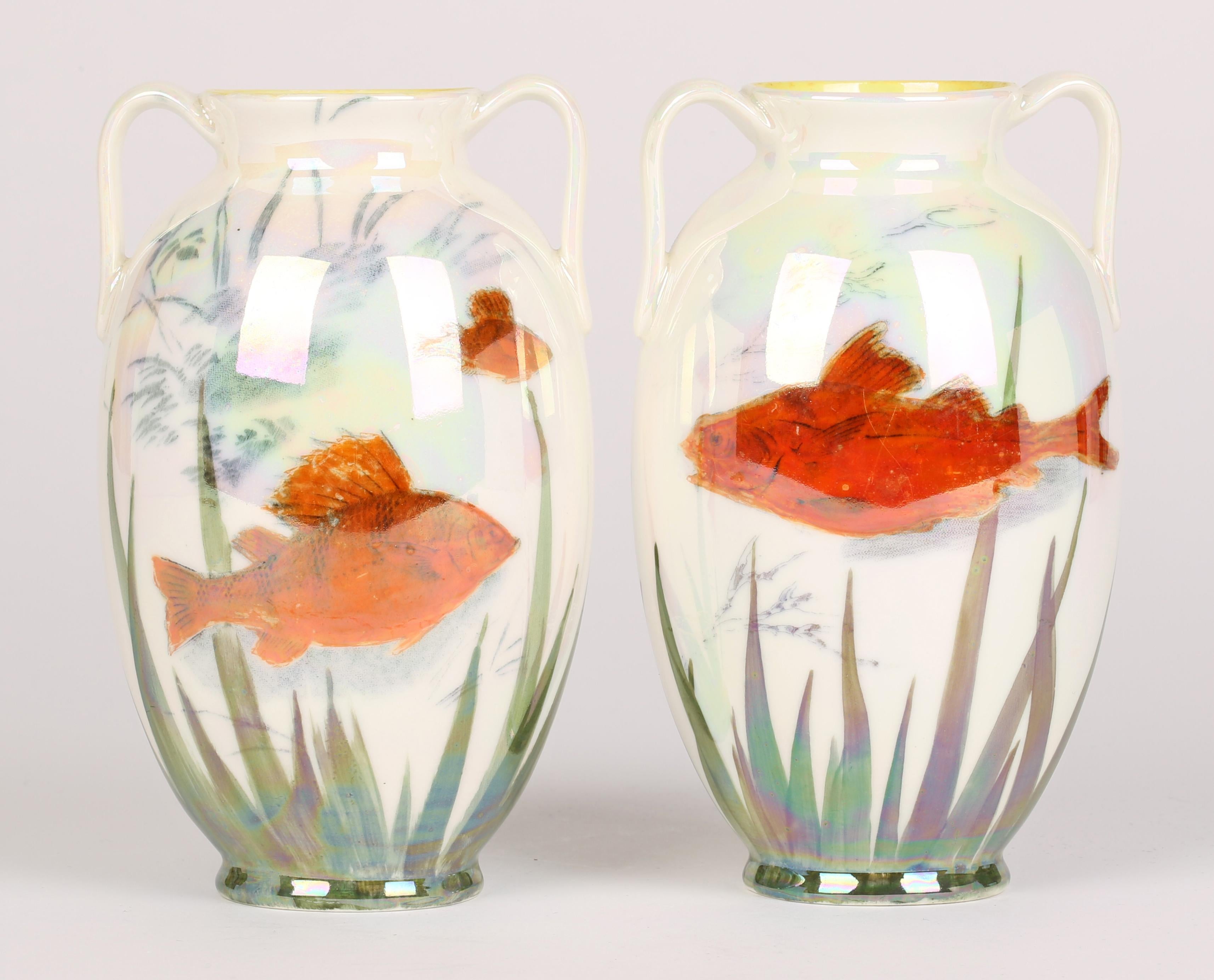 Royal Doulton Pair Twin Handled Lustre Glazed Art Pottery Vases with 1