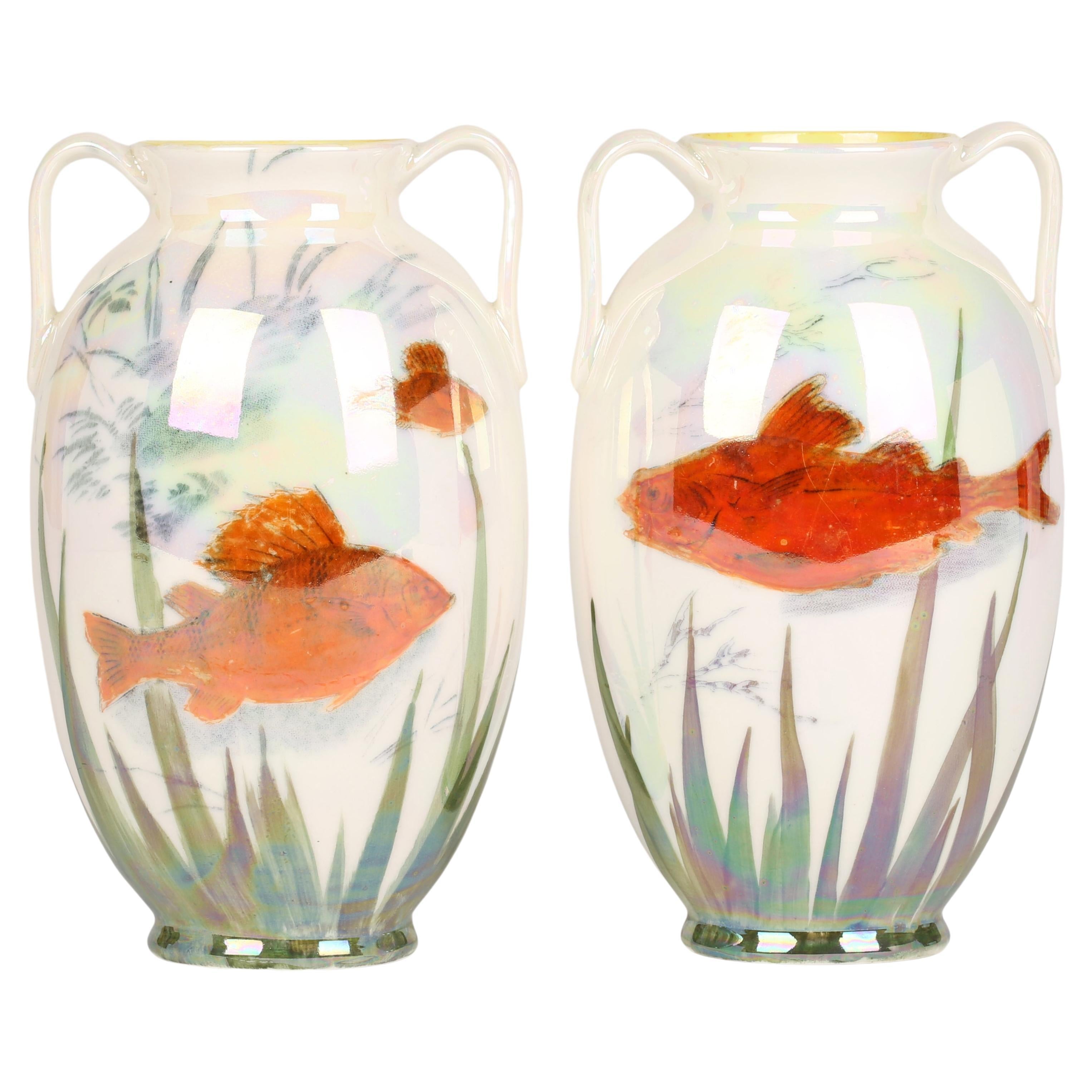 Royal Doulton Pair Twin Handled Lustre Glazed Art Pottery Vases with