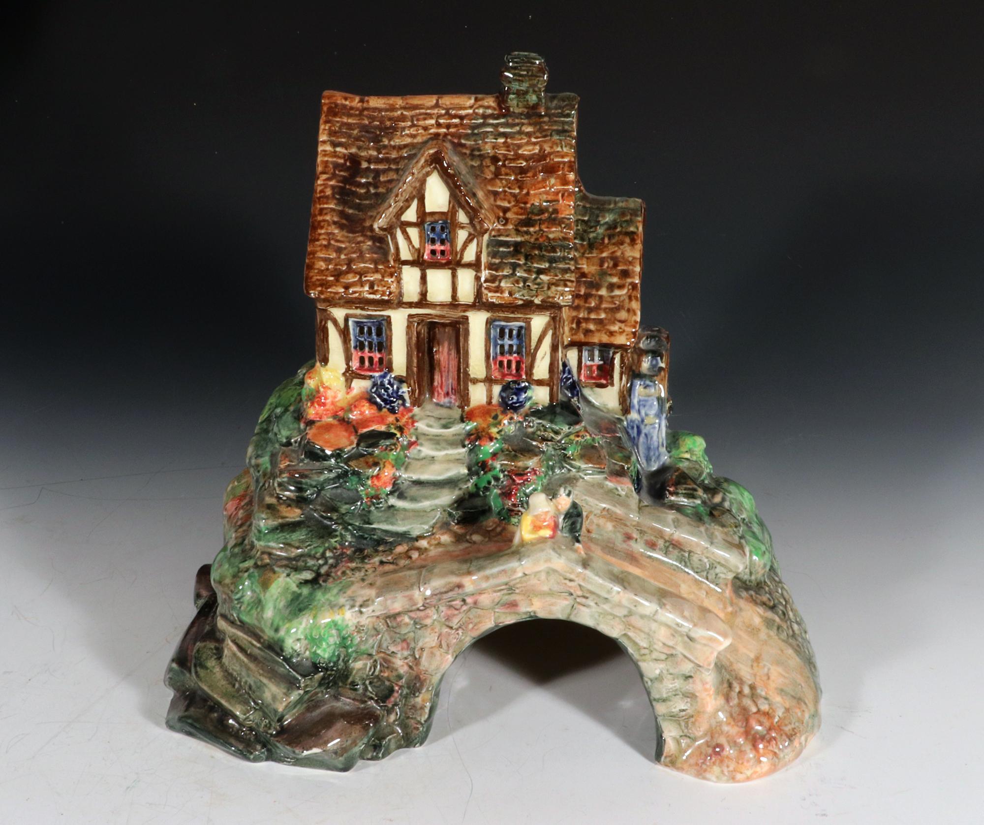 Edwardian Royal Doulton Pastille Pottery Bastiile Burner Tudor Watermill and Cottage For Sale