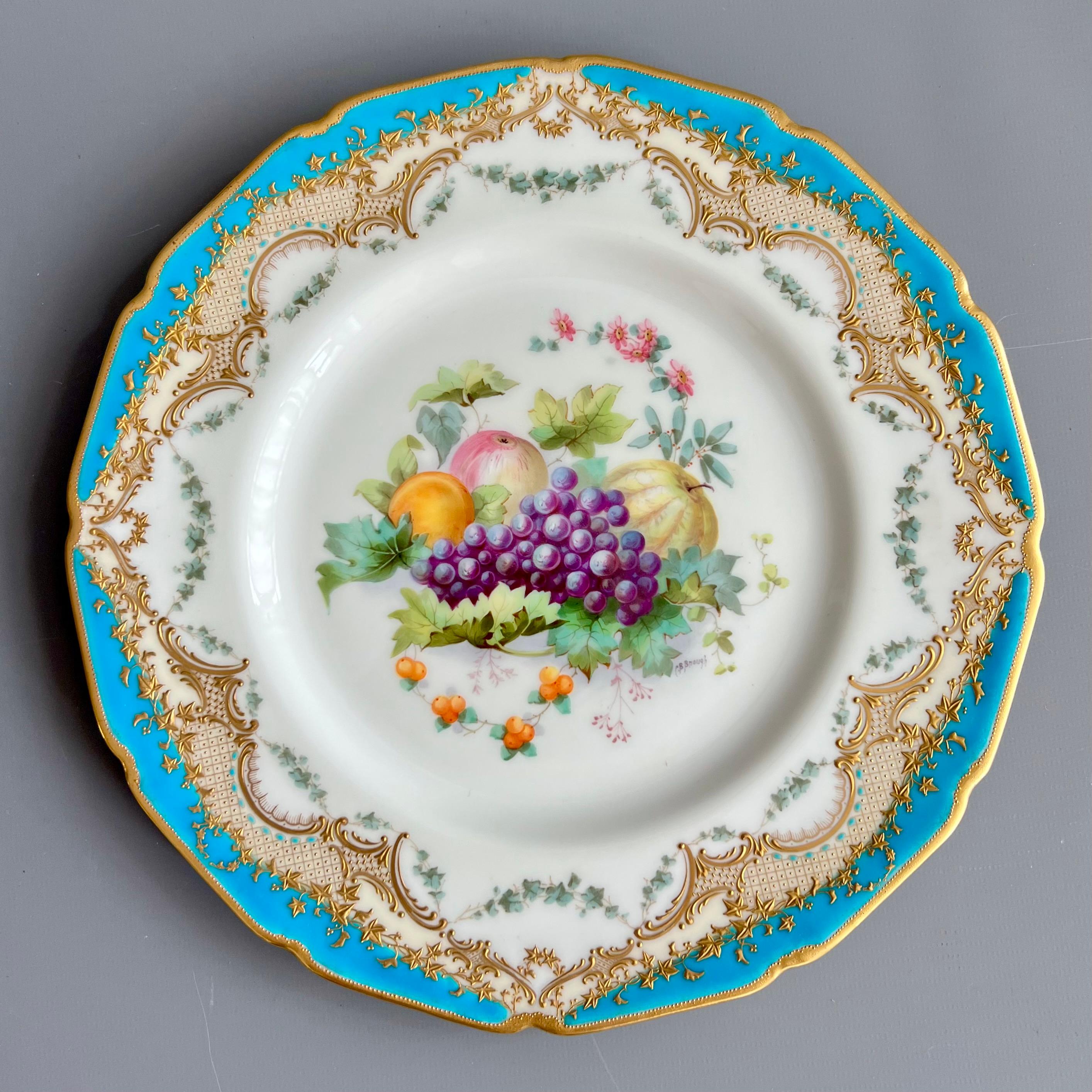 This is a stunning pair of plates made by Royal Doulton in 1903. The plates have beautiful turquoise and raised gilt borders and very accomplished fruit paintings in the centre by the well known painter Charles Brayford Brough.

The Royal Doulton
