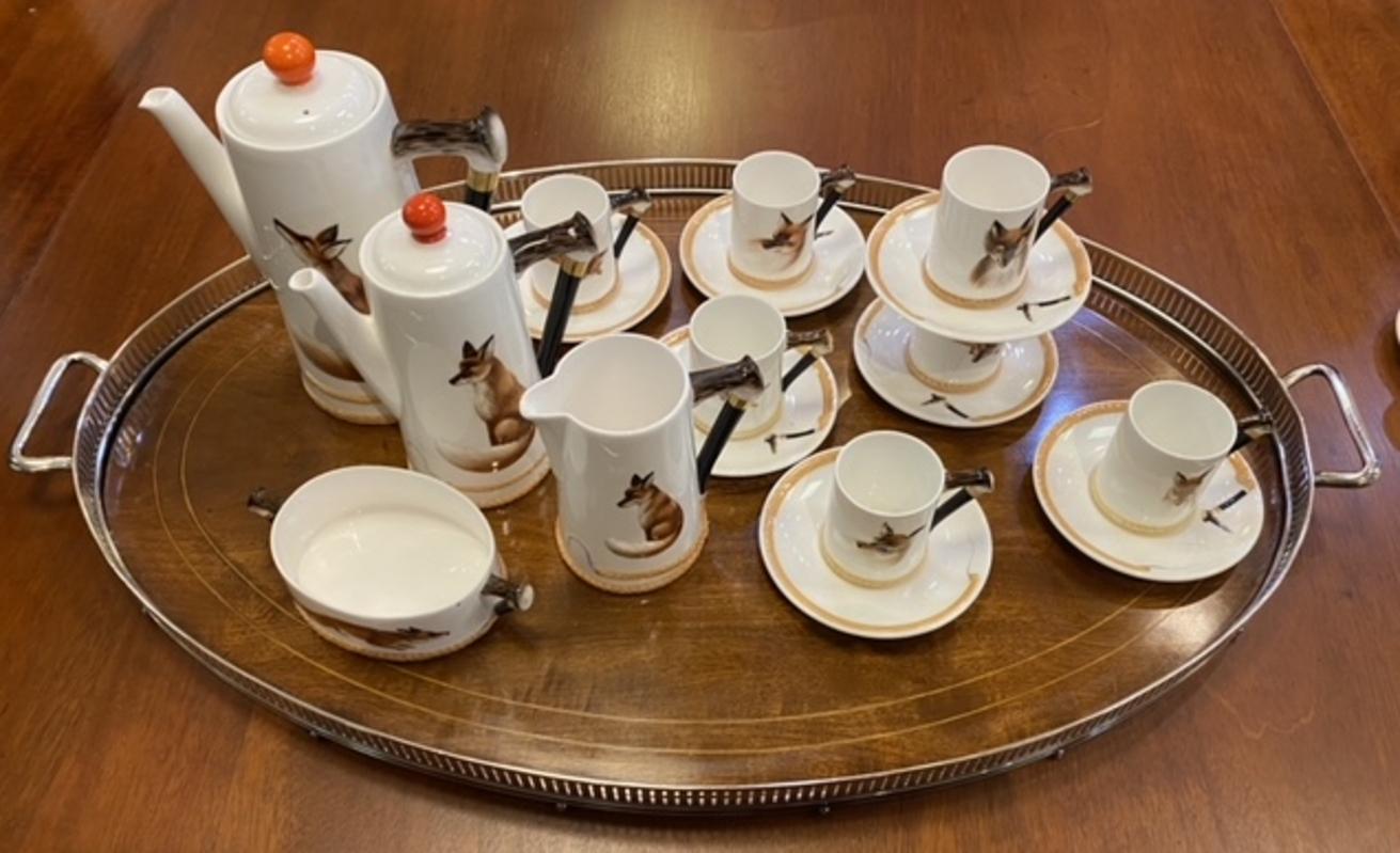 English Royal Doulton Reynard Porcelain Coffee Service Set with Hand Painted Fox Motif