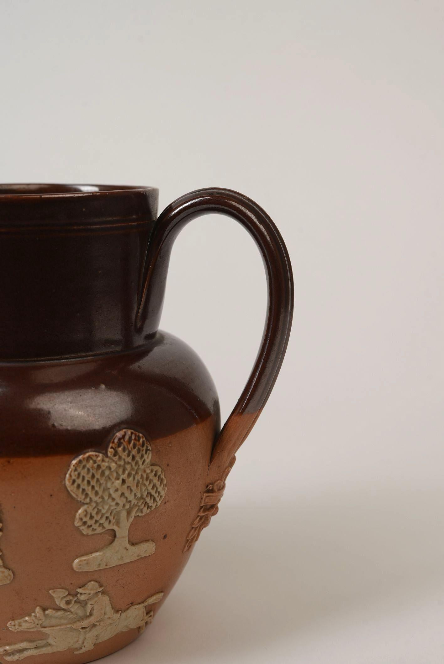 Glazed Royal Doulton Stoneware Pitcher Farming Scene, Circa 1900 For Sale