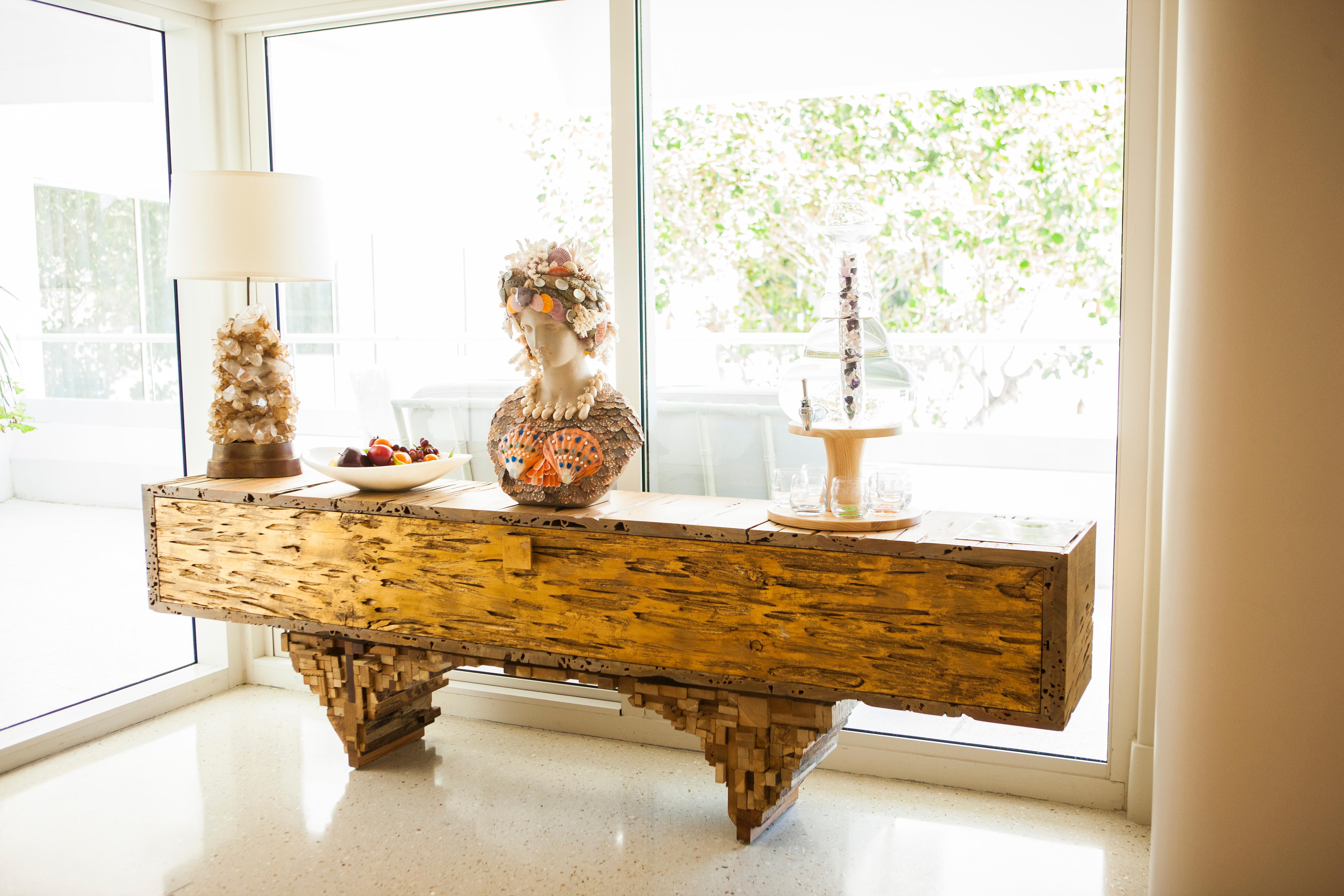 American Royal Dresser, Handcrafted by Rafael Calvo using Pecky Cypress and Gold Leaf For Sale