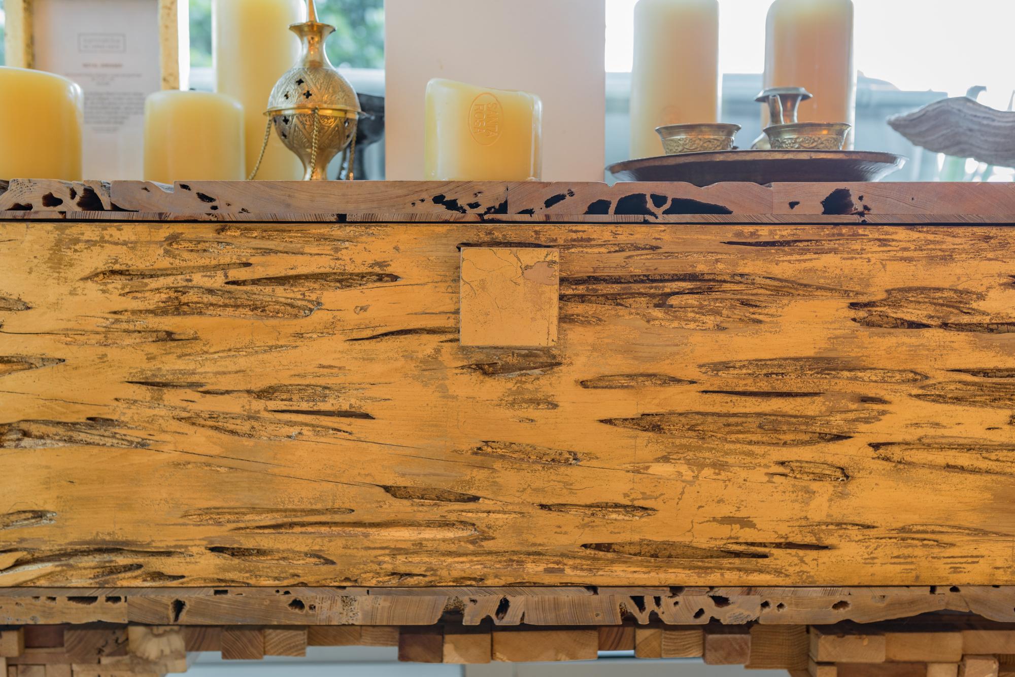 Reclaimed Wood Royal Dresser, Handcrafted by Rafael Calvo using Pecky Cypress and Gold Leaf For Sale