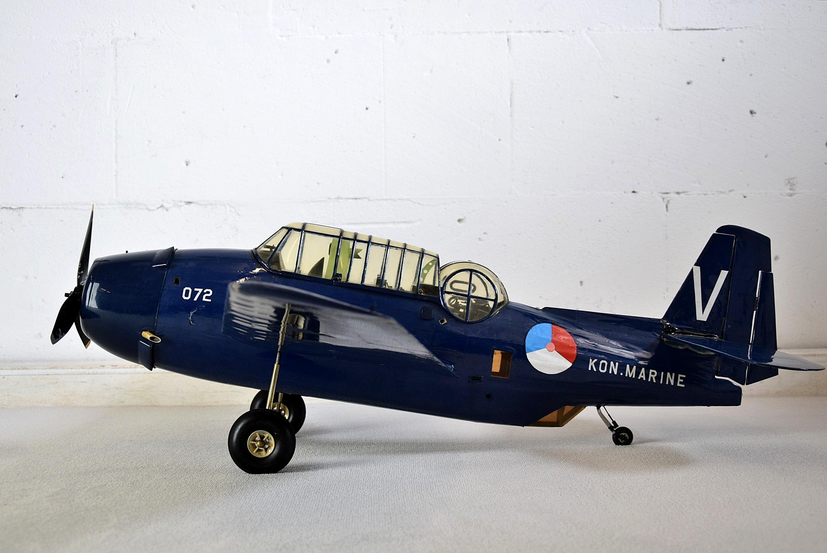 Big and beautiful 1960 Grumman Avenger TBM3 Royal Dutch Navy airplane model. This beautiful replica once flew with remote control and it comes without remote control. It has not been tested so we sell it as decorative item.
The Grumman TBF Avenger