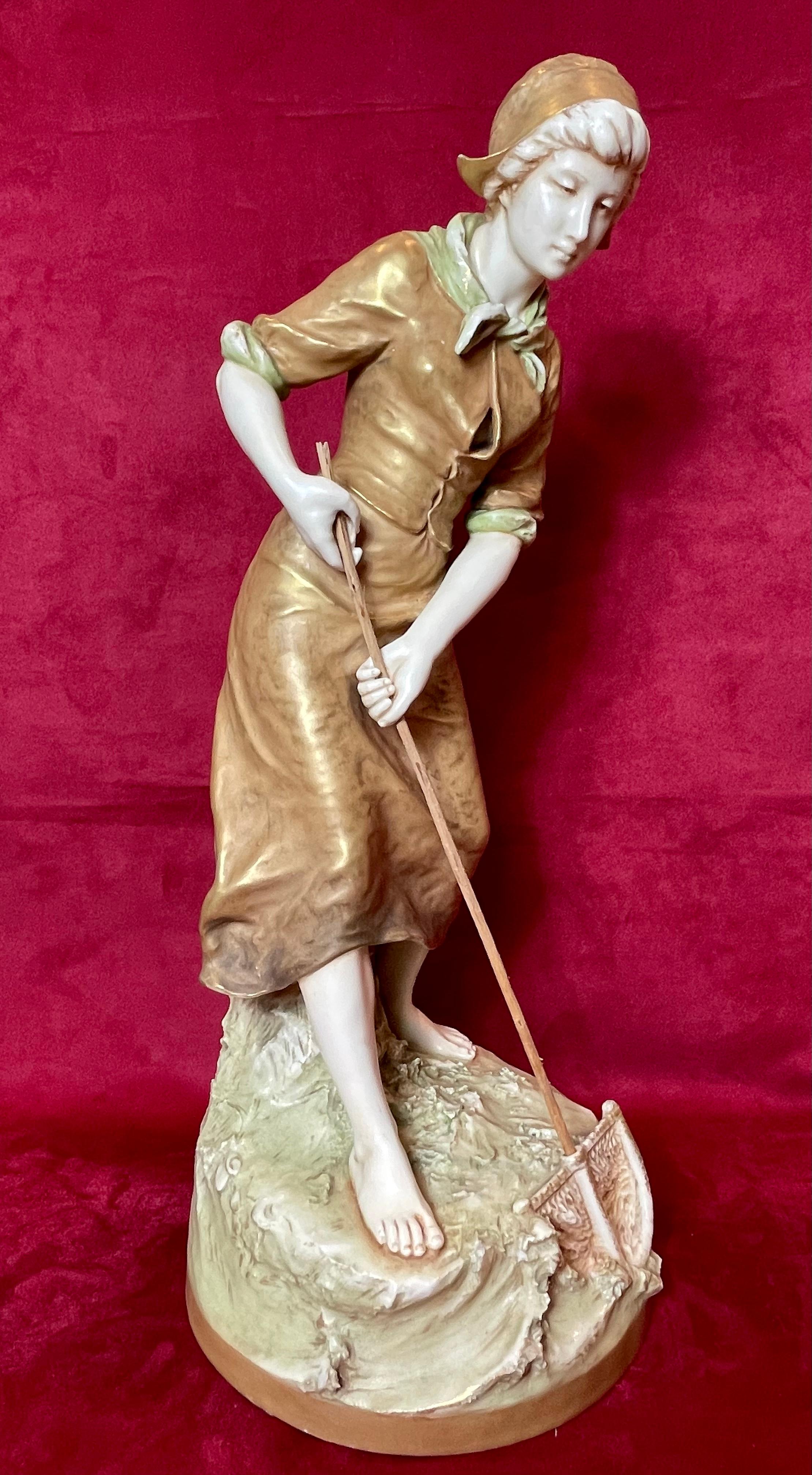 20th Century Royal Dux Bohemia, Fisherwoman with Landing Net, Art Nouveau Style For Sale