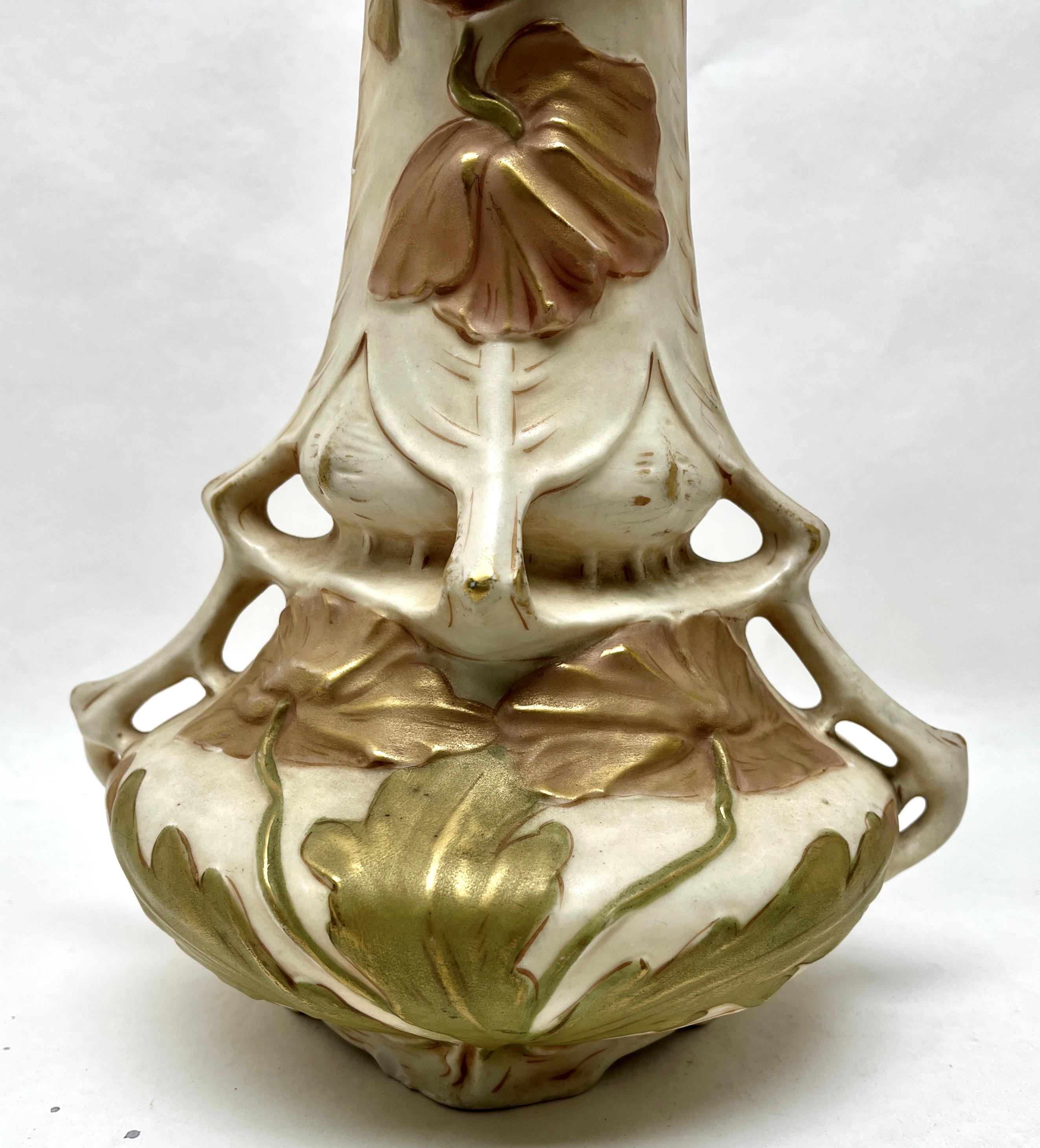 Glazed Royal Dux Bohemia Pair of Organically Shaped Vases with Factory Stamp For Sale