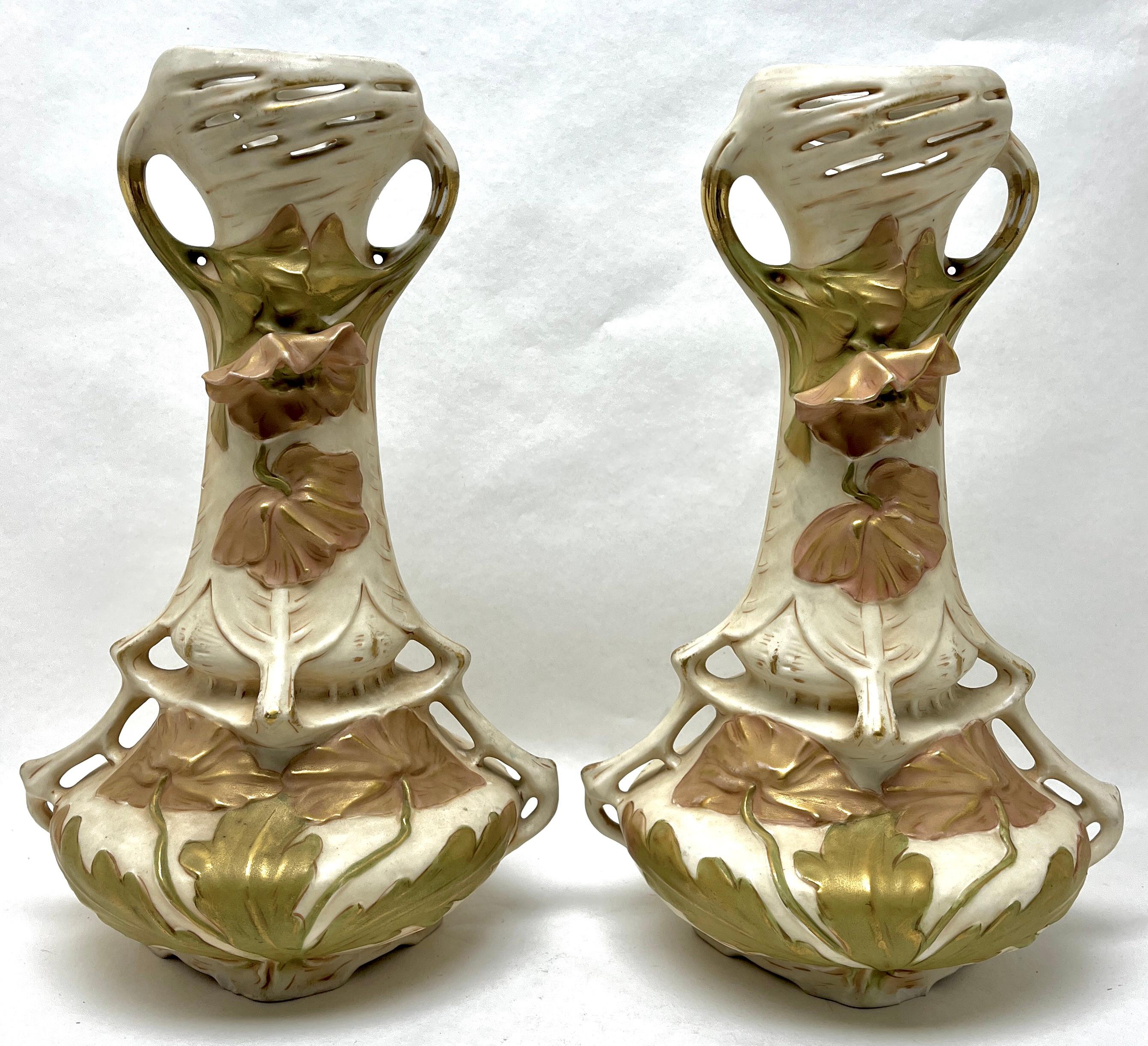 Early 20th Century Royal Dux Bohemia Pair of Organically Shaped Vases with Factory Stamp For Sale