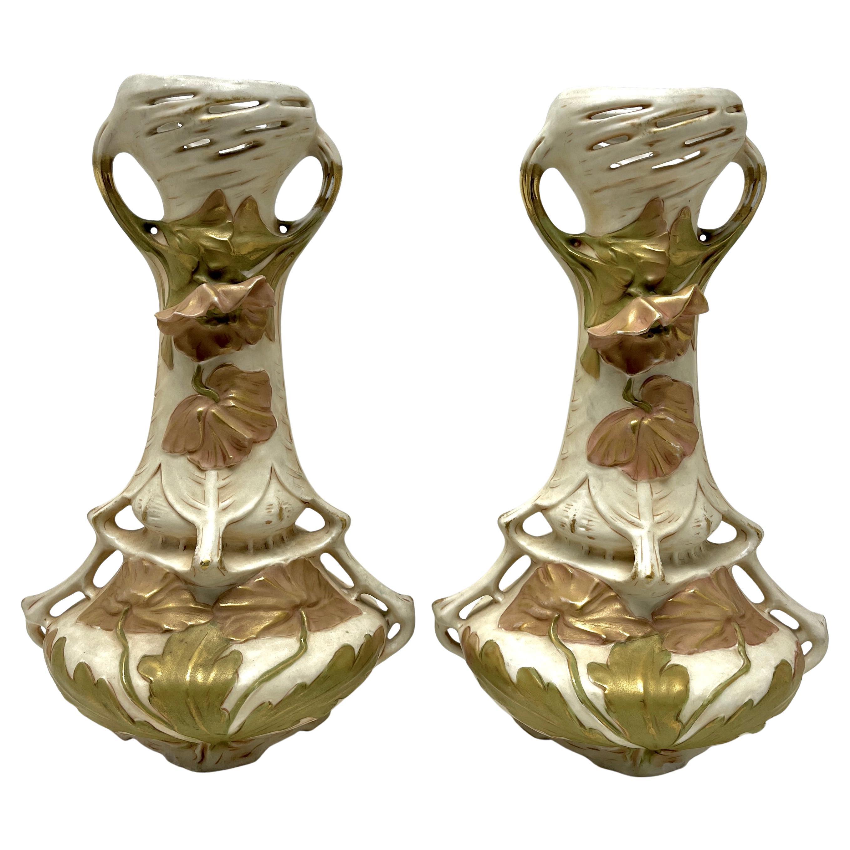 Royal Dux Bohemia Pair of Organically Shaped Vases with Factory Stamp For Sale