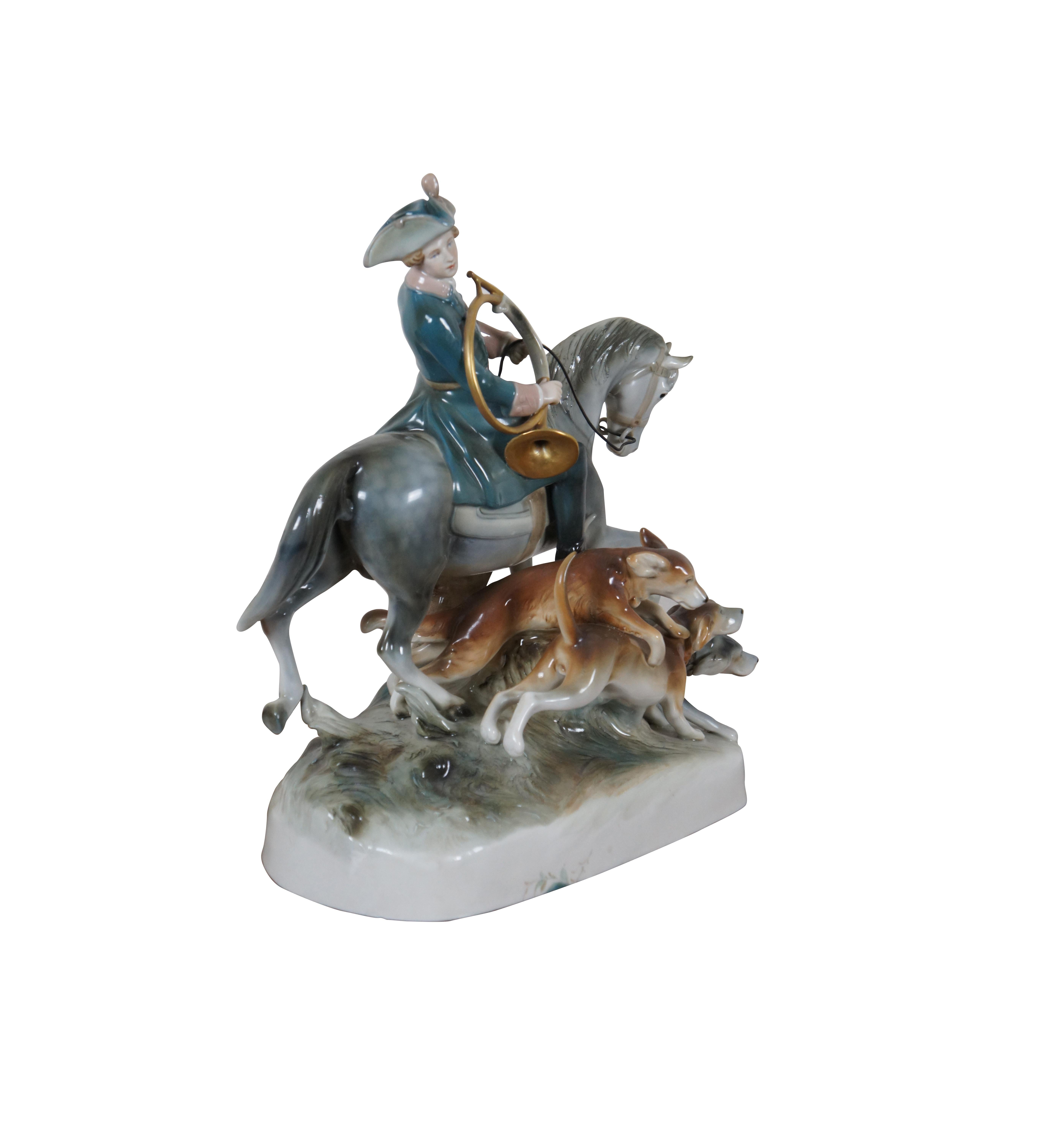 Provincial français Royal Dux Bohemia Porcelaine Equestre Chasseur Fox Hunt Cheval Chien Sculpture 20