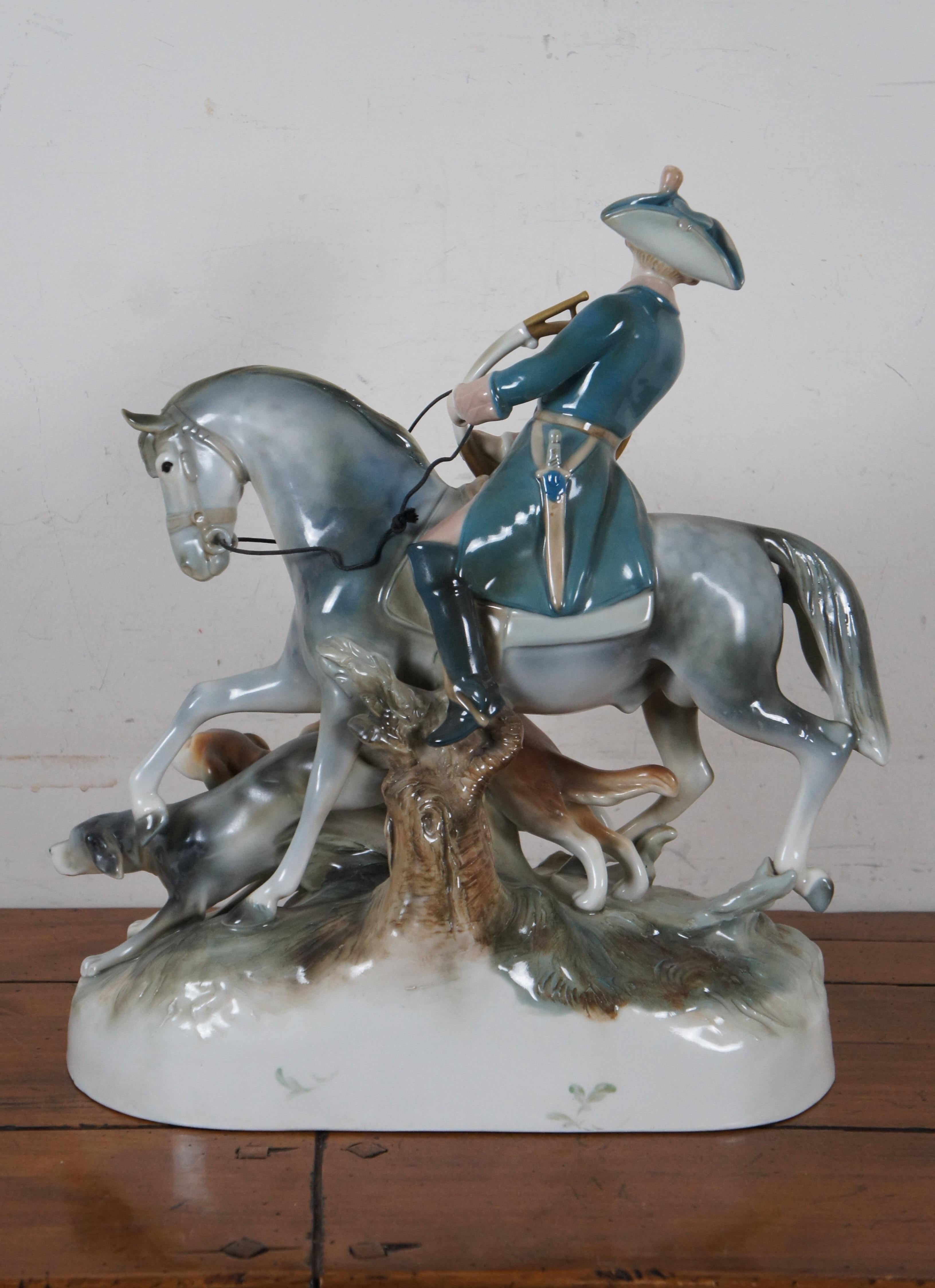 Royal Dux Bohemia Porcelaine Equestre Chasseur Fox Hunt Cheval Chien Sculpture 20