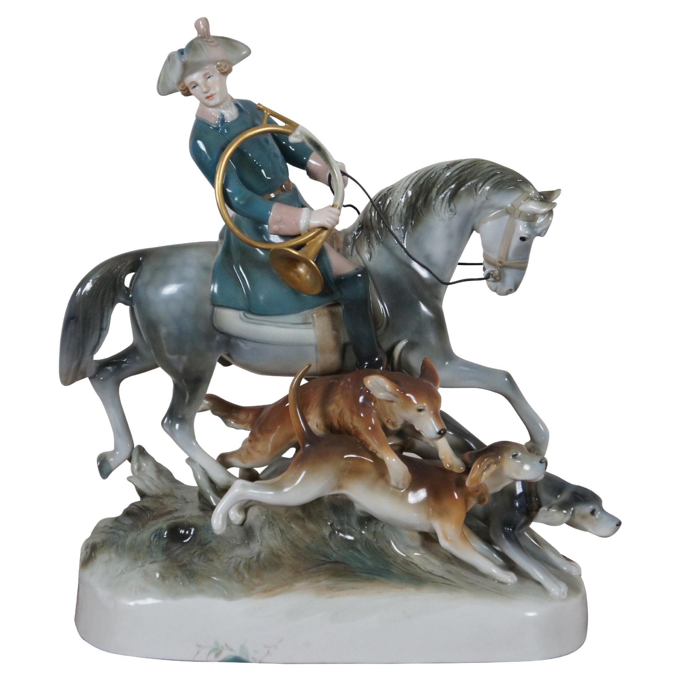 Royal Dux Bohemia Porcelaine Equestre Chasseur Fox Hunt Cheval Chien Sculpture 20" en vente