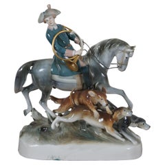 Royal Dux Bohemia Porcelain Equestrian Huntsman Fox Hunt Horse Dog Sculpture 20"