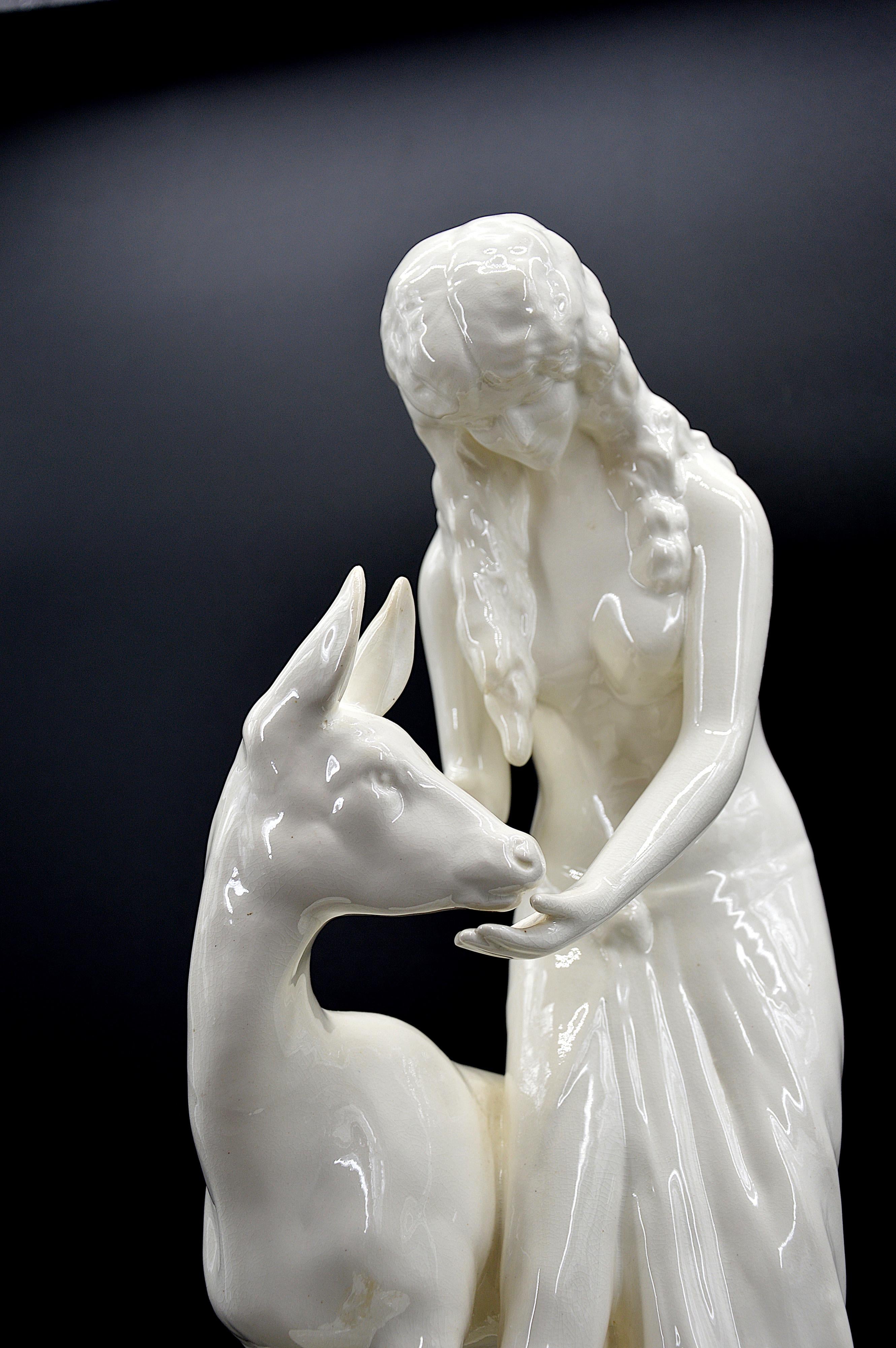 French Royal Dux Crackle Glaze Ceramic Sculpture, the Young Lady and the Fawn 1918-1925 For Sale