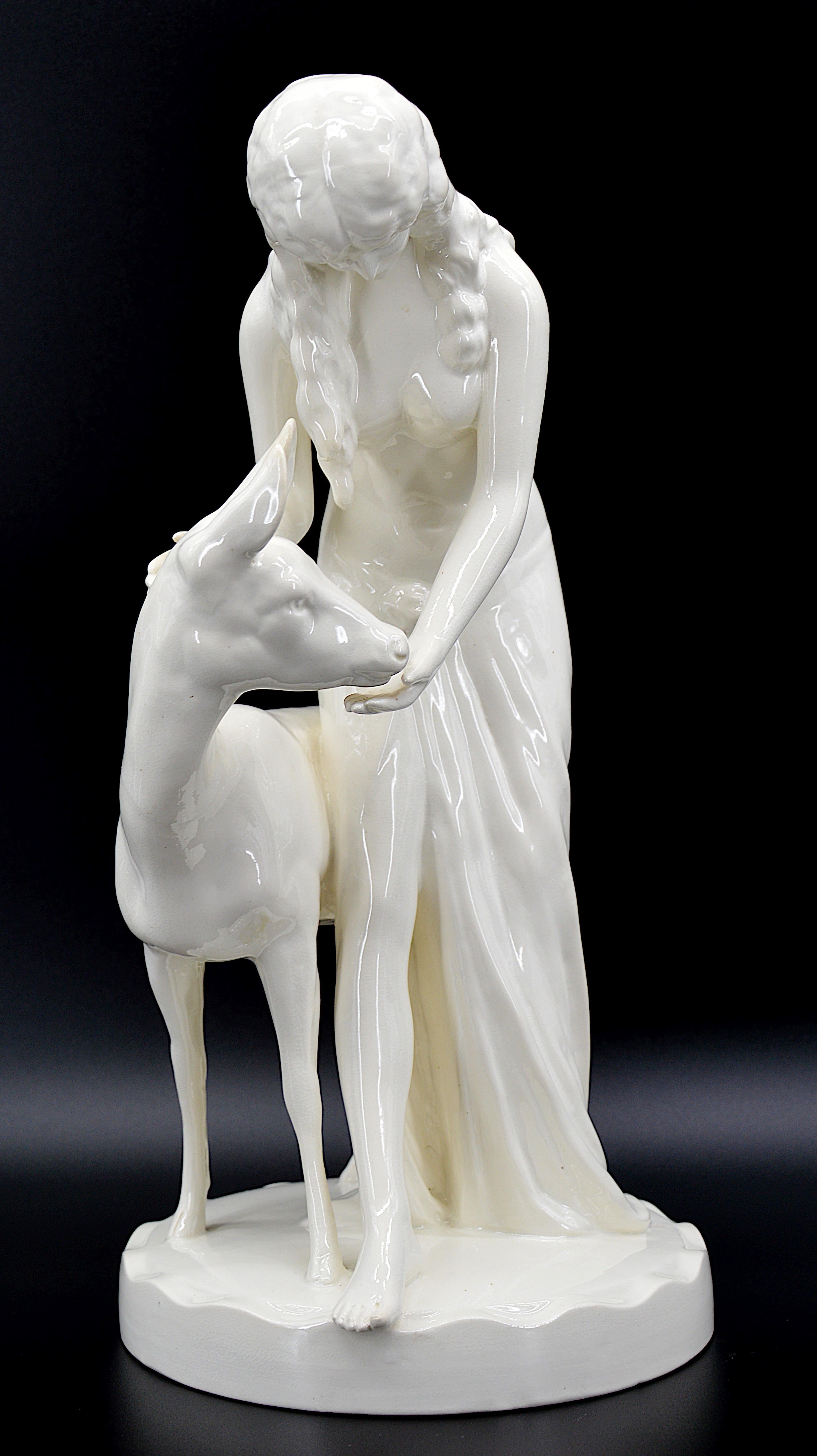 Royal Dux Crackle Glaze Ceramic Sculpture, the Young Lady and the Fawn 1918-1925 In Excellent Condition For Sale In Saint-Amans-des-Cots, FR