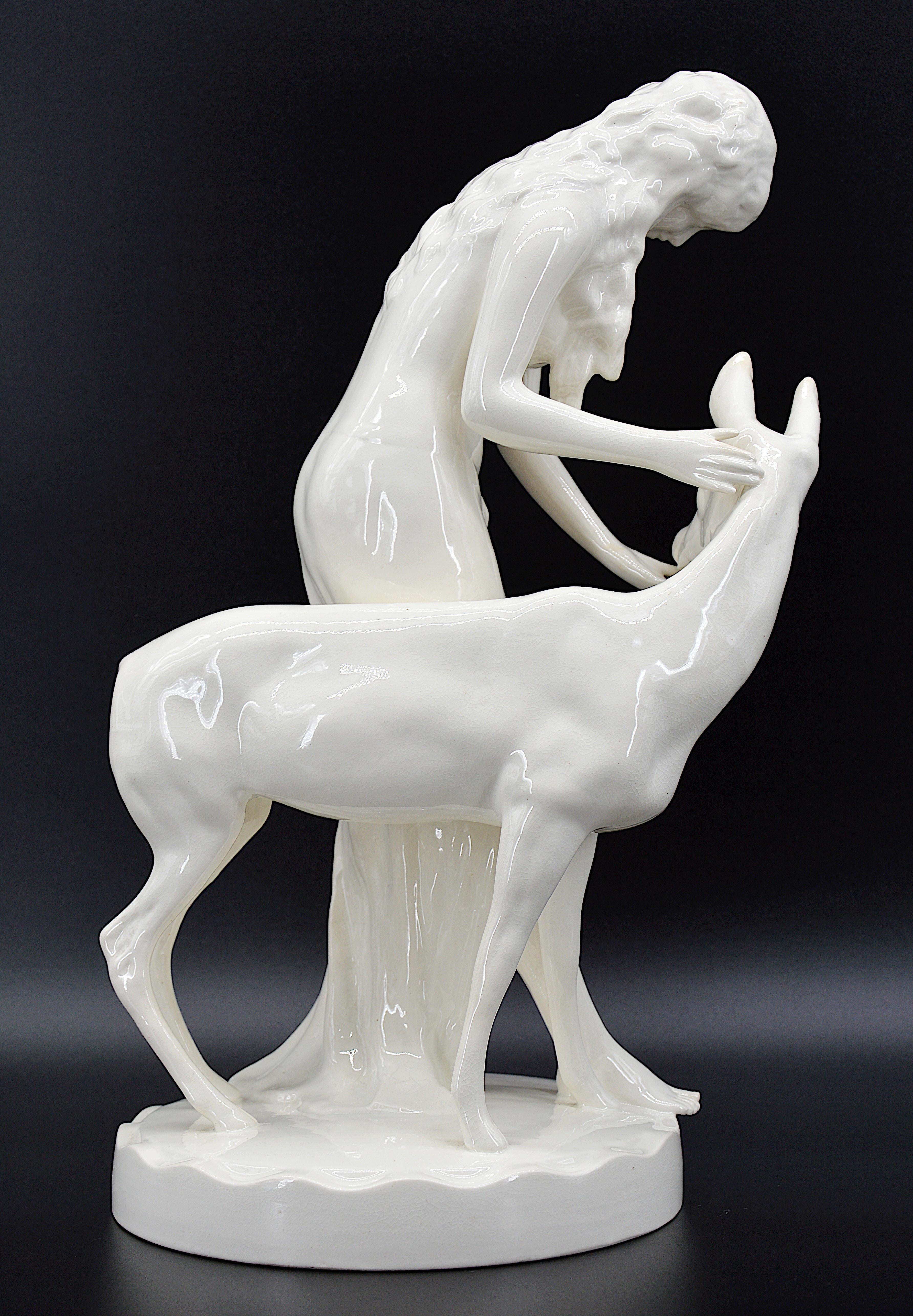 Early 20th Century Royal Dux Crackle Glaze Ceramic Sculpture, the Young Lady and the Fawn 1918-1925 For Sale