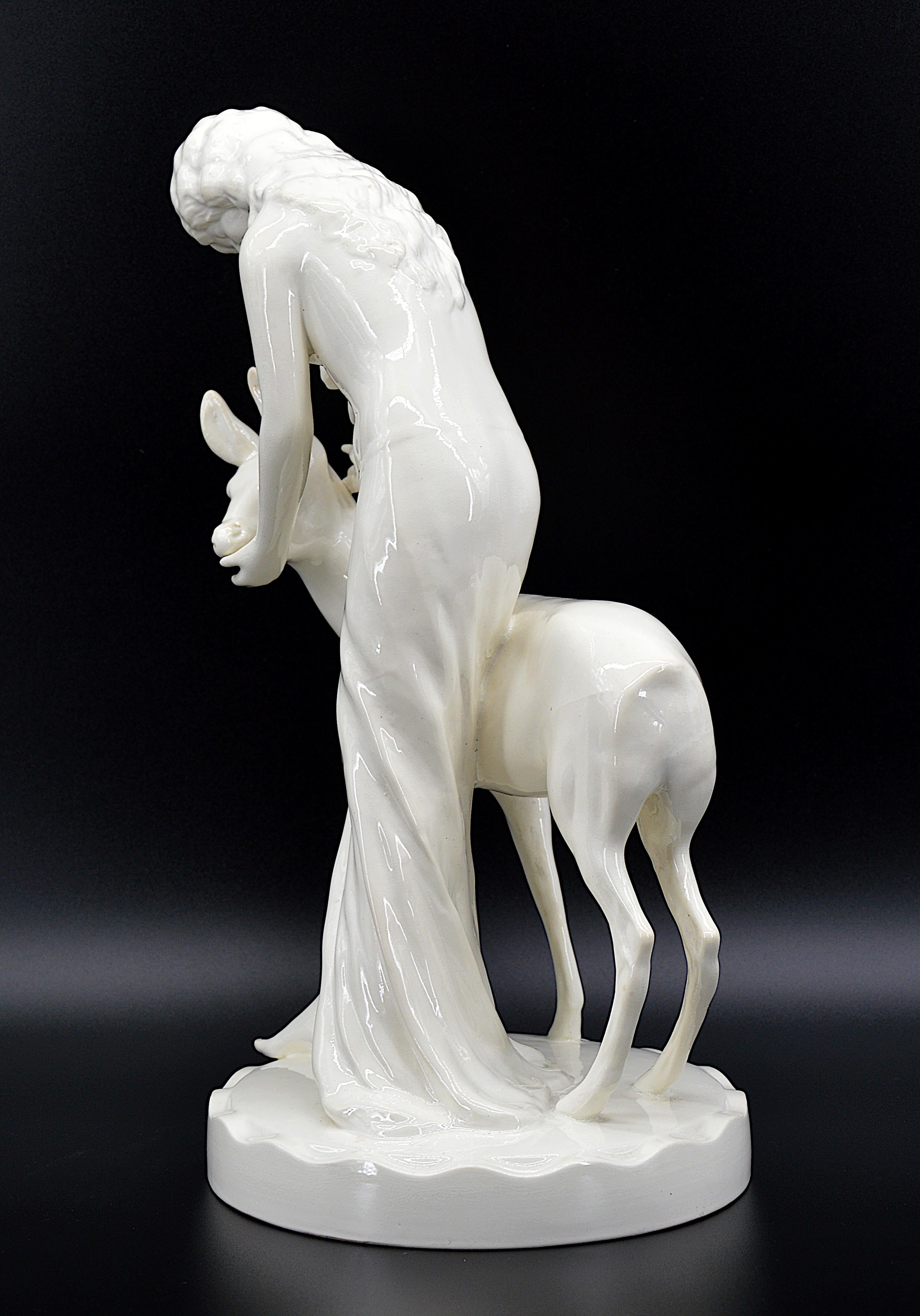 Royal Dux Crackle Glaze Ceramic Sculpture, the Young Lady and the Fawn 1918-1925 For Sale 1