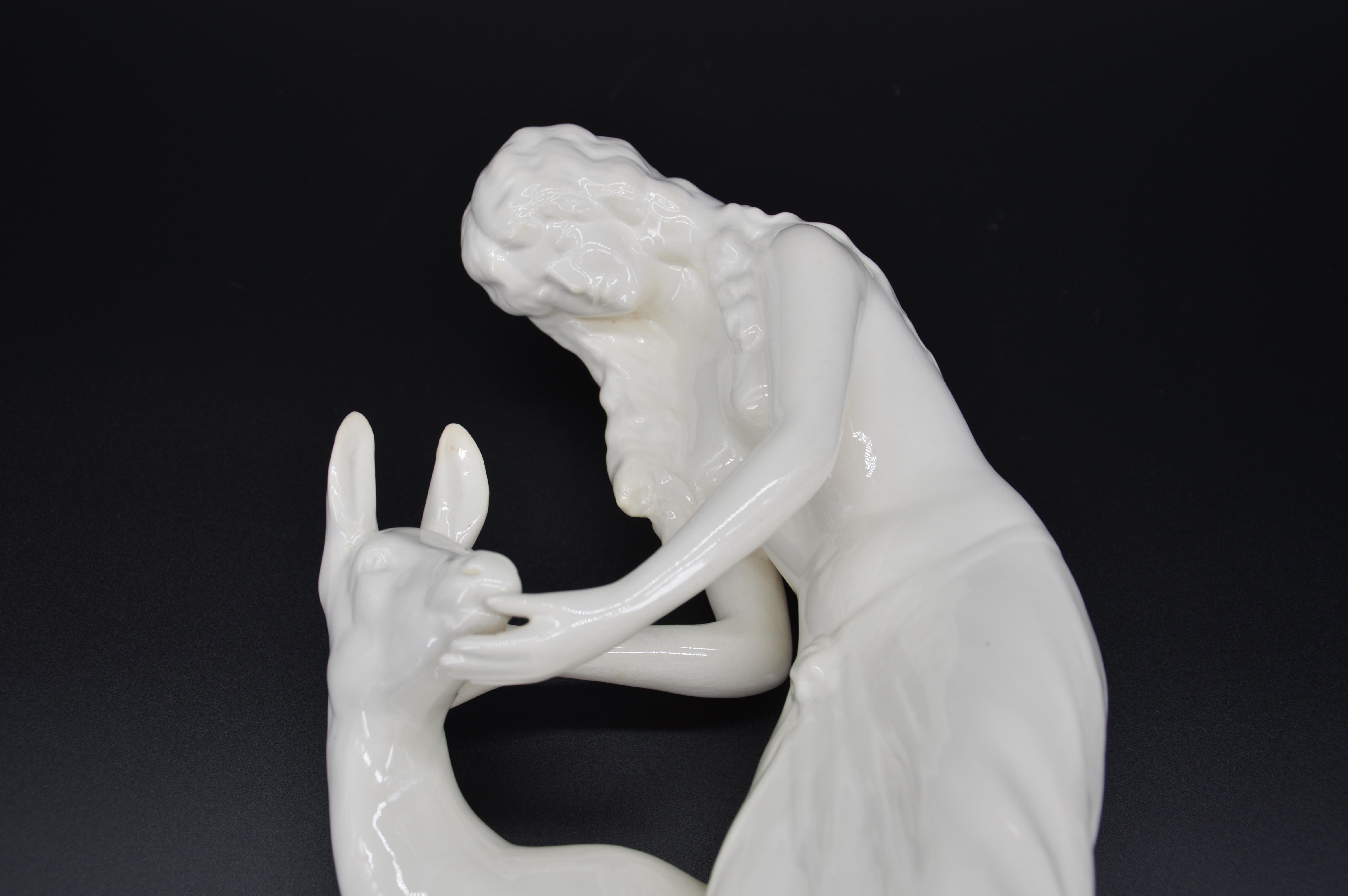 Royal Dux Crackle Glaze Ceramic Sculpture, the Young Lady and the Fawn 1918-1925 For Sale 2
