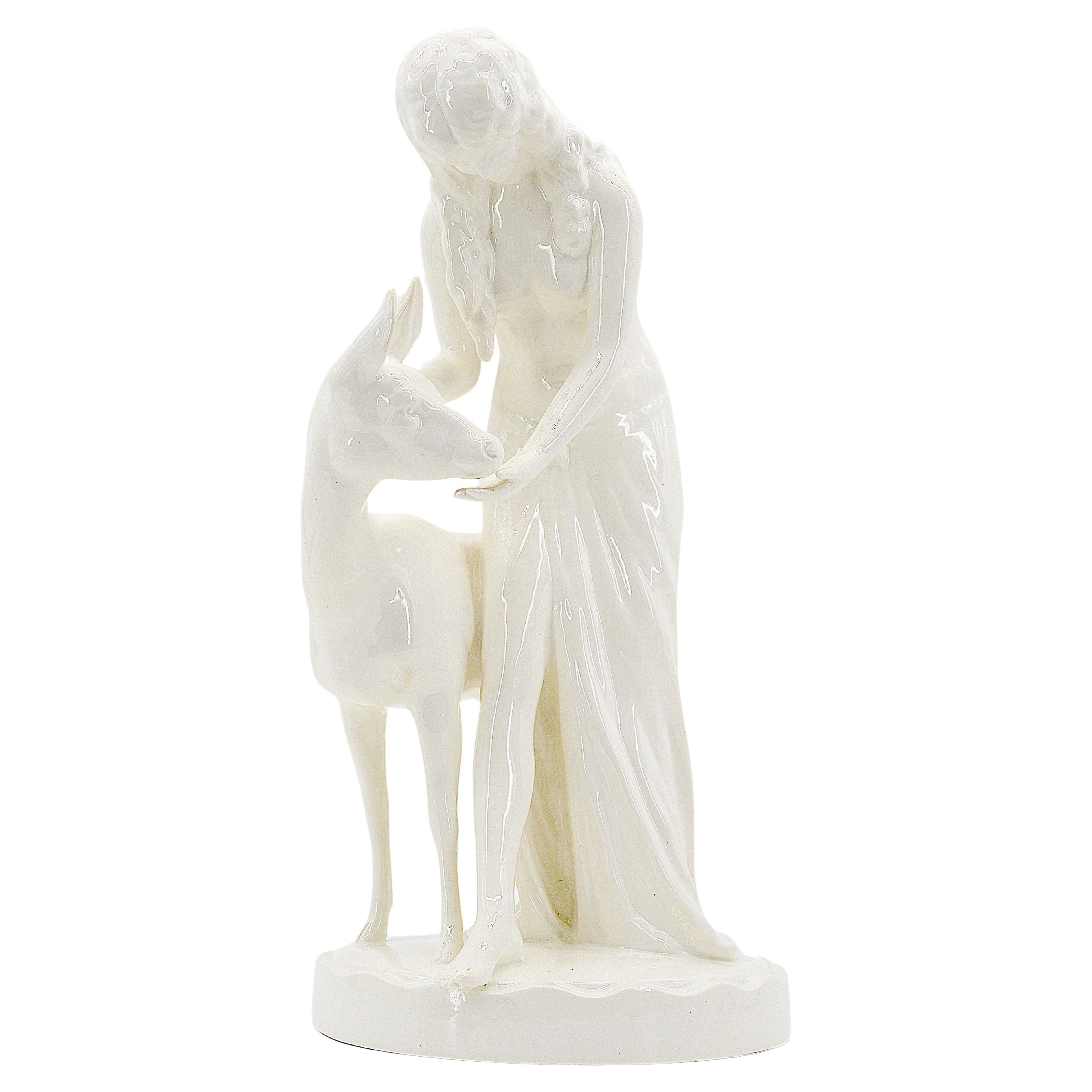 Royal Dux Crackle Glaze Ceramic Sculpture, the Young Lady and the Fawn 1918-1925 For Sale