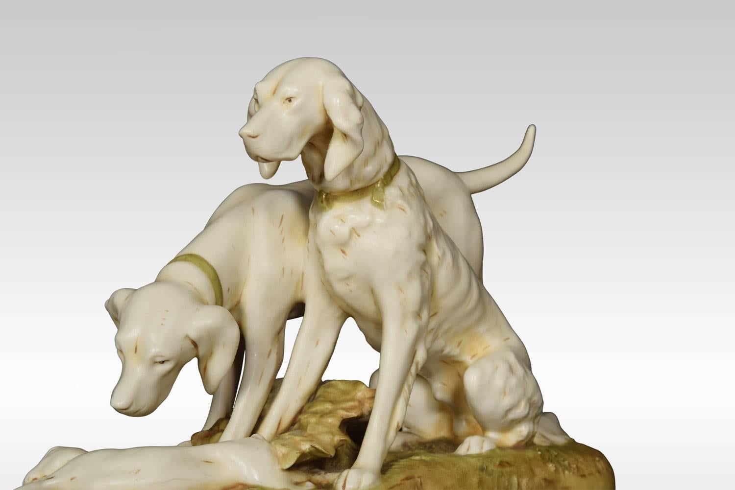 Royal Dux figure of two hunting dogs one a pointer the other a setter depicting the dogs watching over a hare raised up on naturalistic base. Applied pink triangle.
Dimensions:
Height 8 inches
Width 11.5 inches
Depth 5.5 inches.