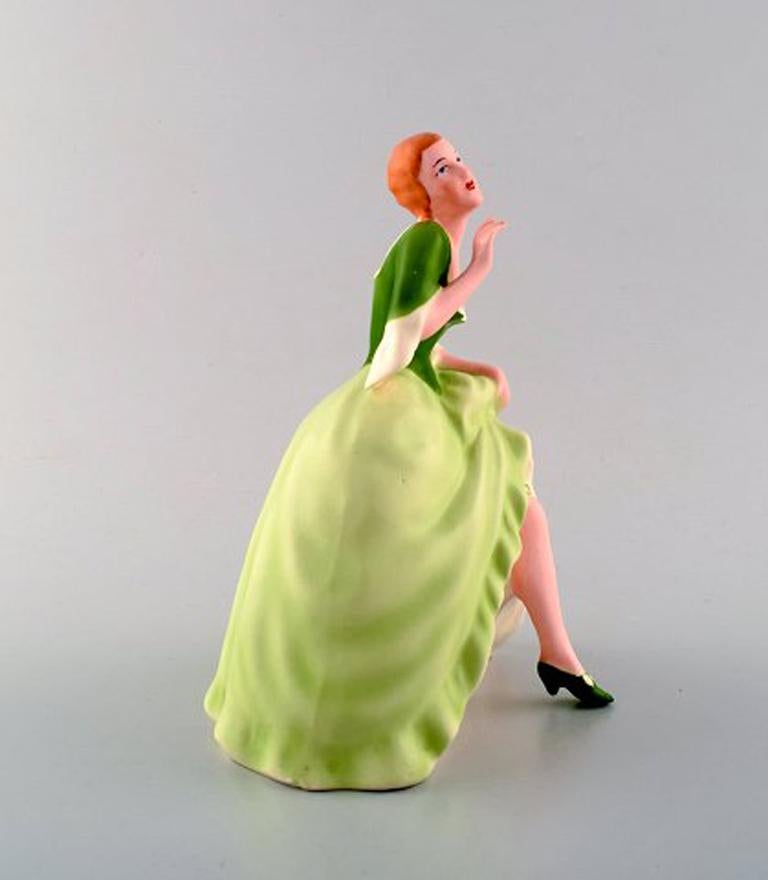 Rococo Royal Dux Hand Painted Porcelain Figurine, Woman in Light Green Dress, 1940s