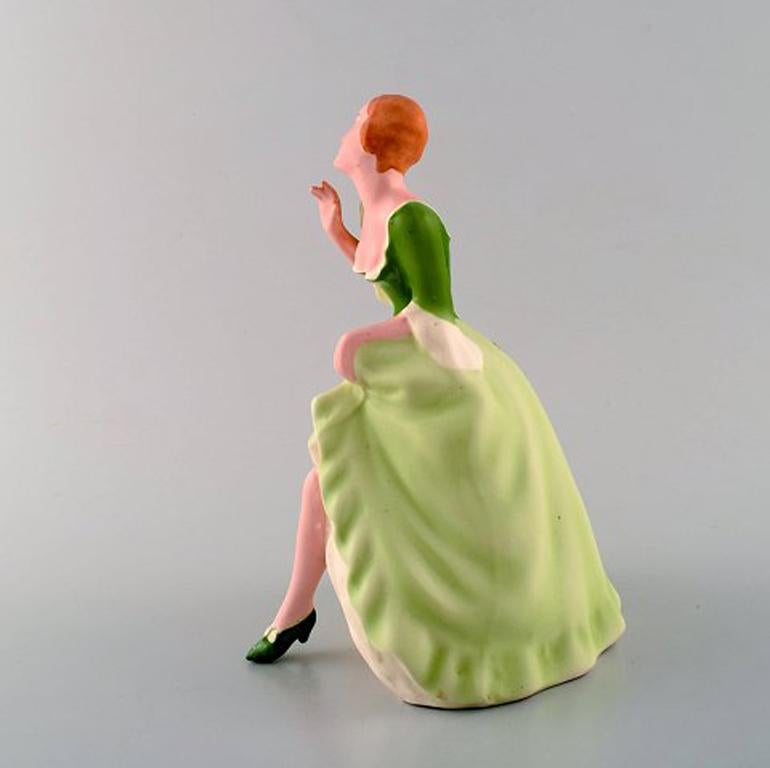 Czech Royal Dux Hand Painted Porcelain Figurine, Woman in Light Green Dress, 1940s