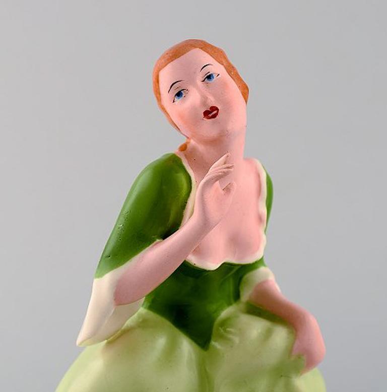 Royal Dux Hand Painted Porcelain Figurine, Woman in Light Green Dress, 1940s In Excellent Condition In Copenhagen, DK