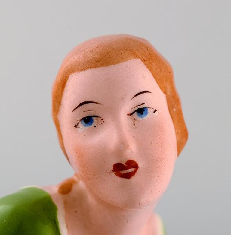 Mid-20th Century Royal Dux Hand Painted Porcelain Figurine, Woman in Light Green Dress, 1940s