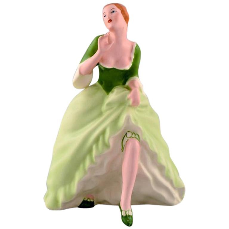 Royal Dux Hand Painted Porcelain Figurine, Woman in Light Green Dress, 1940s