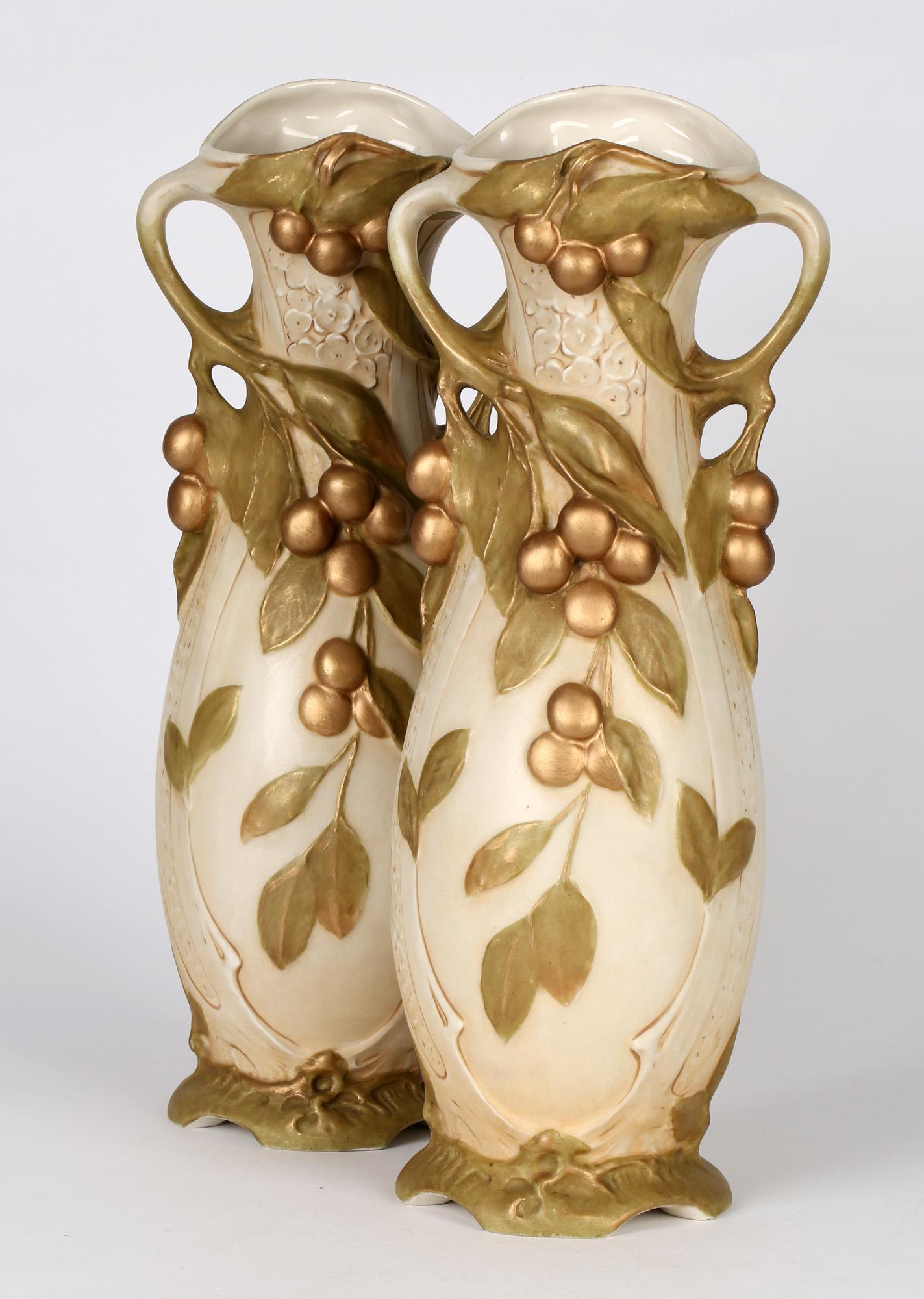 Royal Dux Large Pair of Bohemian Art Nouveau Fruiting Berry Art Pottery Vases 5