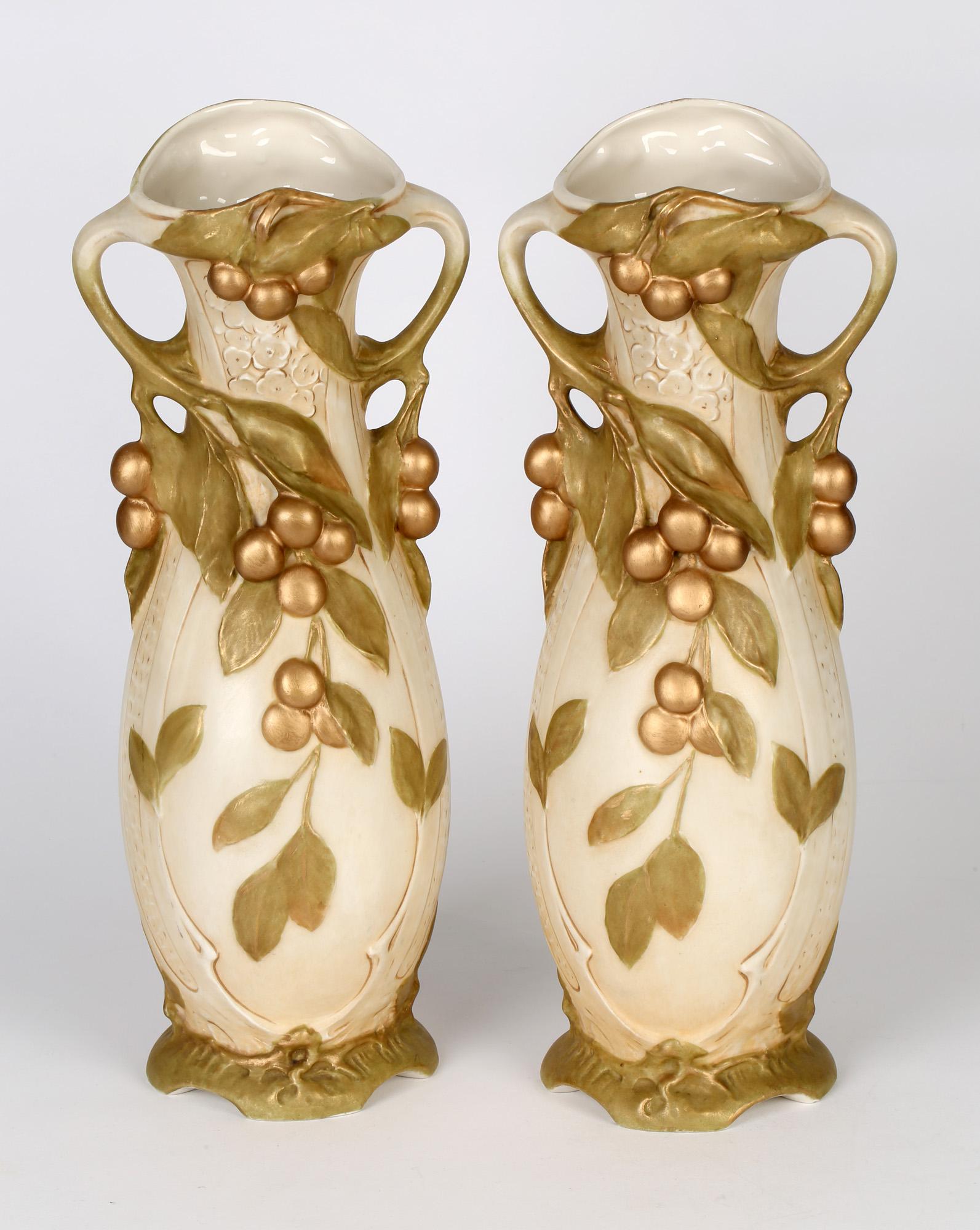 Royal Dux Large Pair of Bohemian Art Nouveau Fruiting Berry Art Pottery Vases 8