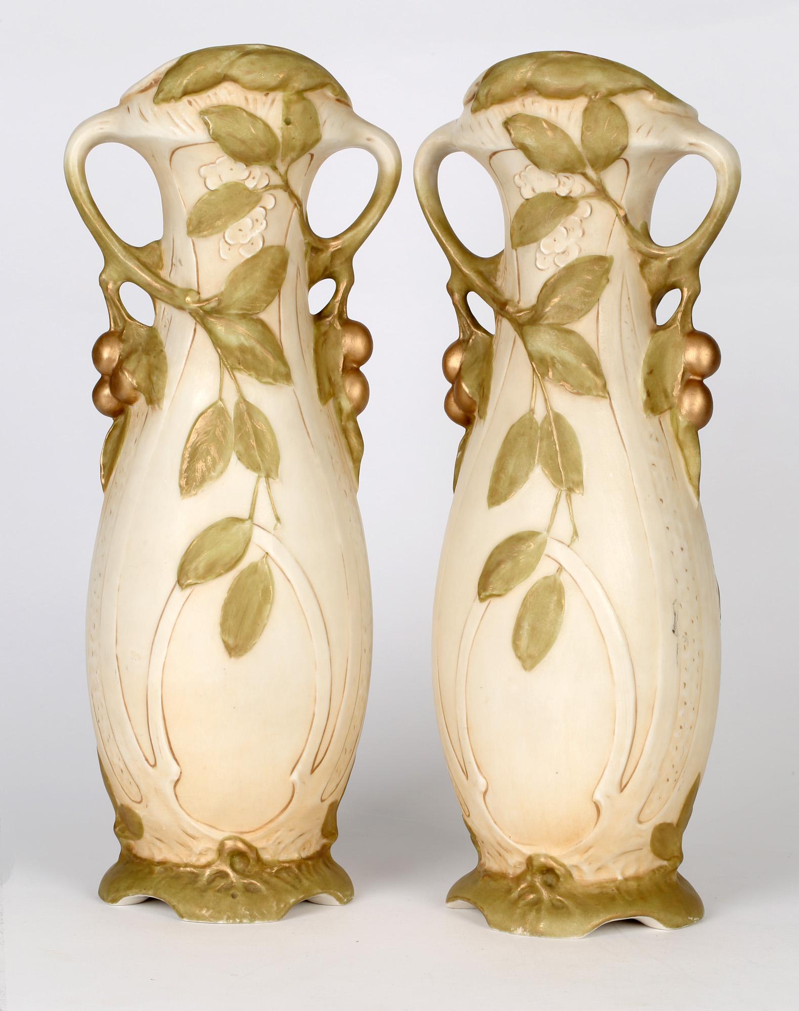 Early 20th Century Royal Dux Large Pair of Bohemian Art Nouveau Fruiting Berry Art Pottery Vases