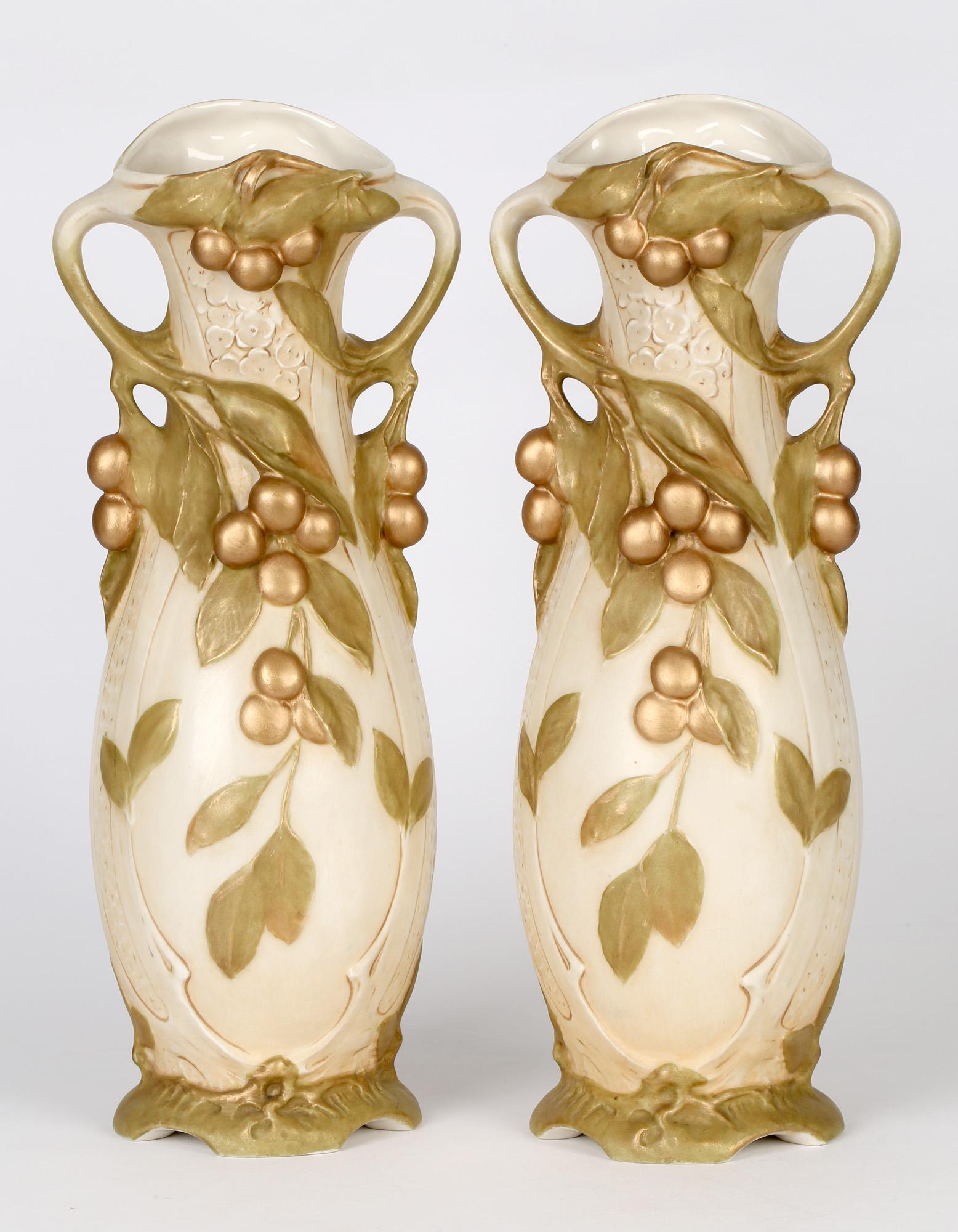 Royal Dux Large Pair of Bohemian Art Nouveau Fruiting Berry Art Pottery Vases 3