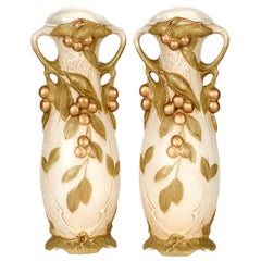 Royal Dux Large Pair of Bohemian Art Nouveau Fruiting Berry Art Pottery Vases