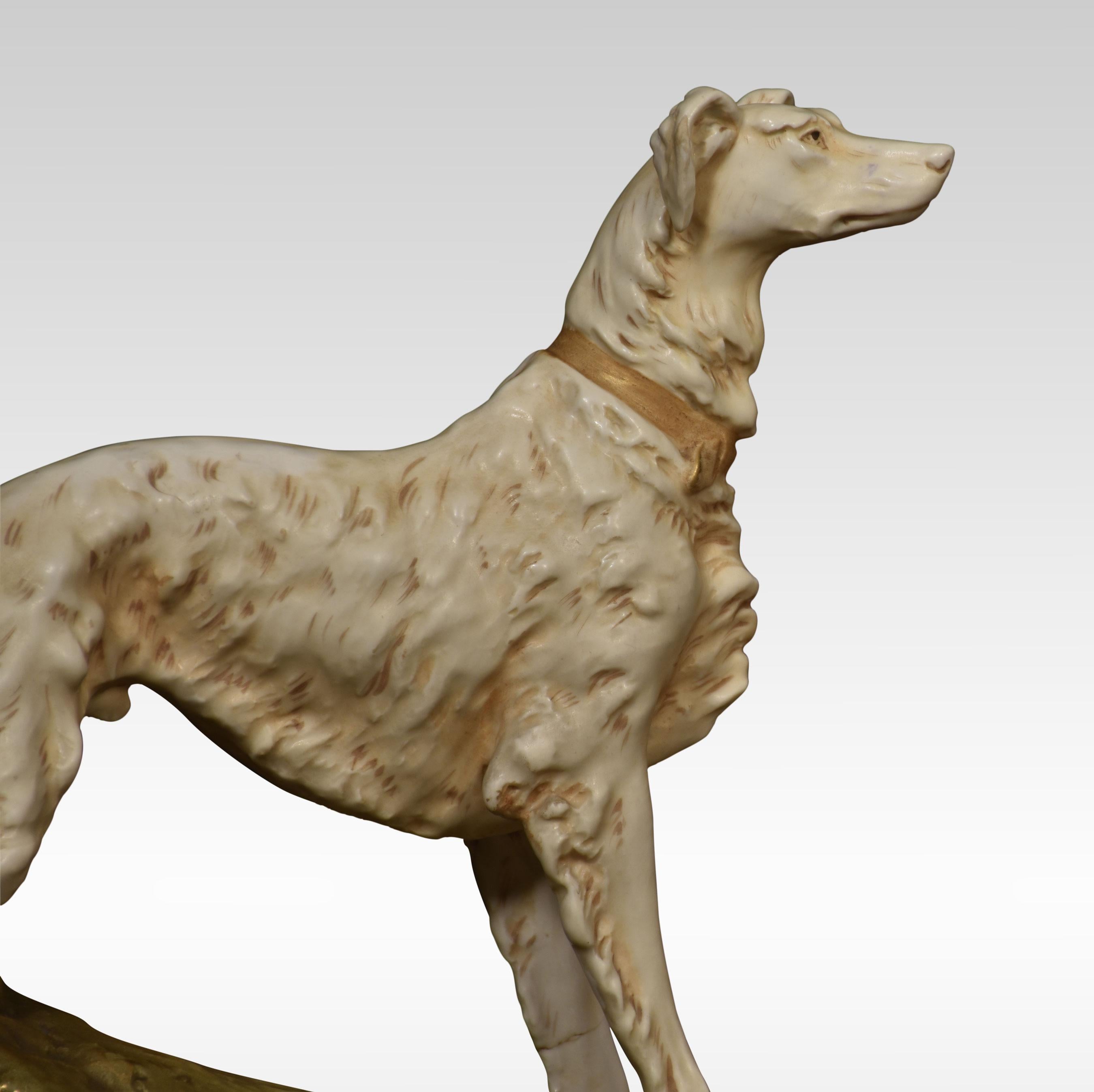 Royal Dux figure of a Borzoi dog, raised on a naturalistic base.
Dimensions
Height 11.5 inches
Width 12.5 inches
Depth 5 inches.