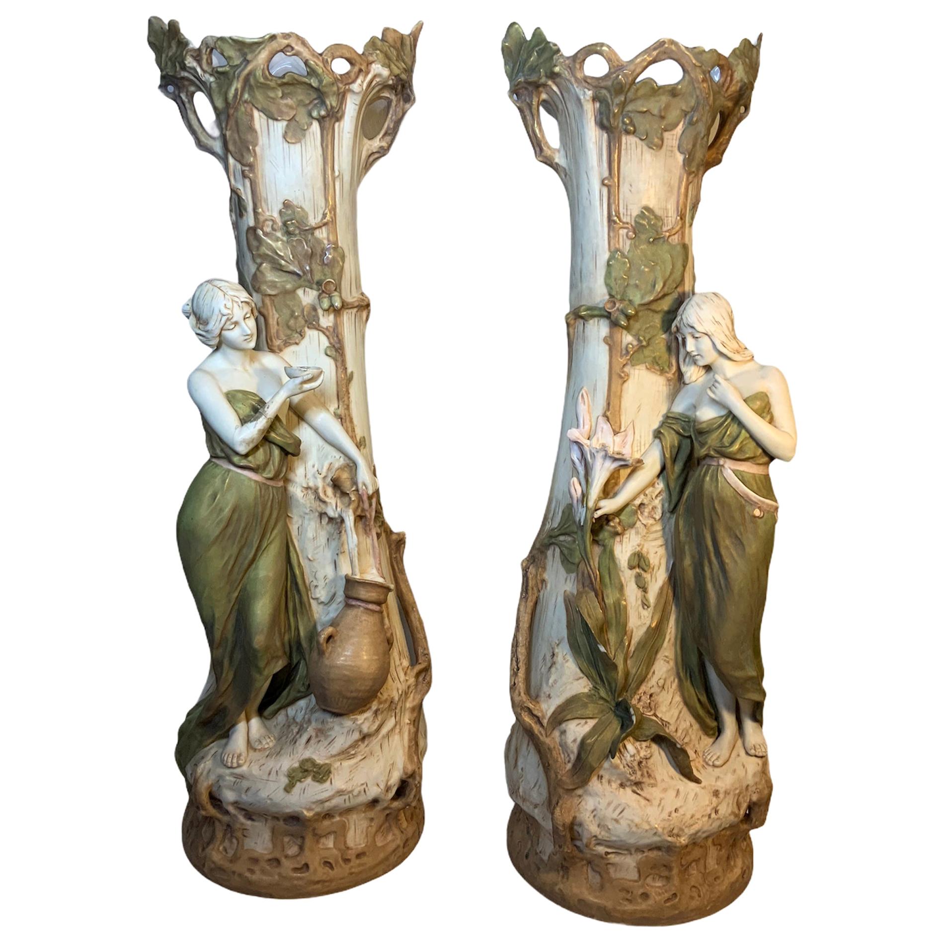 Royal Dux Pair of Art Nouveau Tall Vases