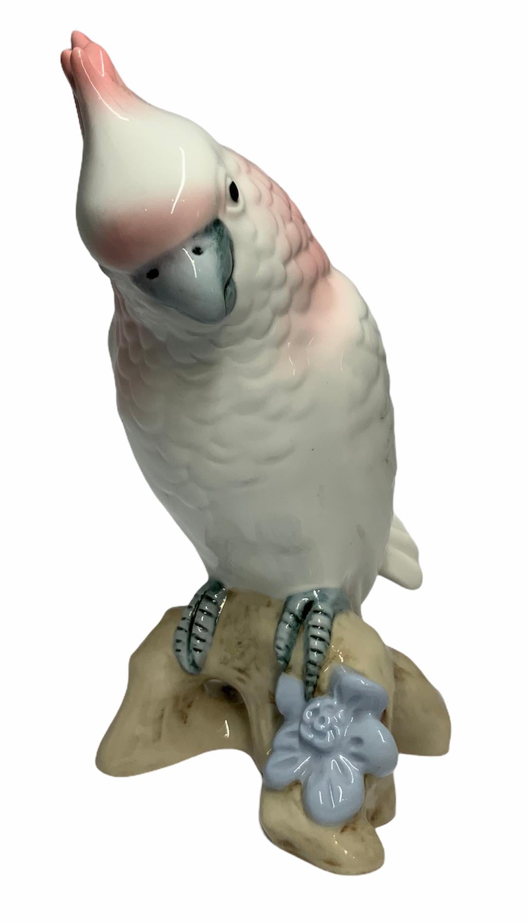 This is a pink and white hand painted porcelain cockatoo with a sweet gaze. He is standing over a wood branch with a blue flower. Royal Dux Bohemia mark plus some numbers are under the base.