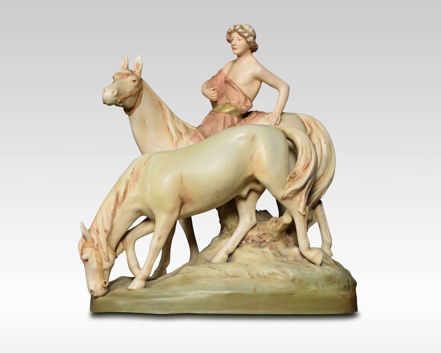 Royal Dux porcelain figure group, early 20th century, of a youth in loose pink drapery mounted on a horse, another horse alongside. Impressed and printed marks and numbers underside together with the applied pink triangle mark.
Dimensions
Height