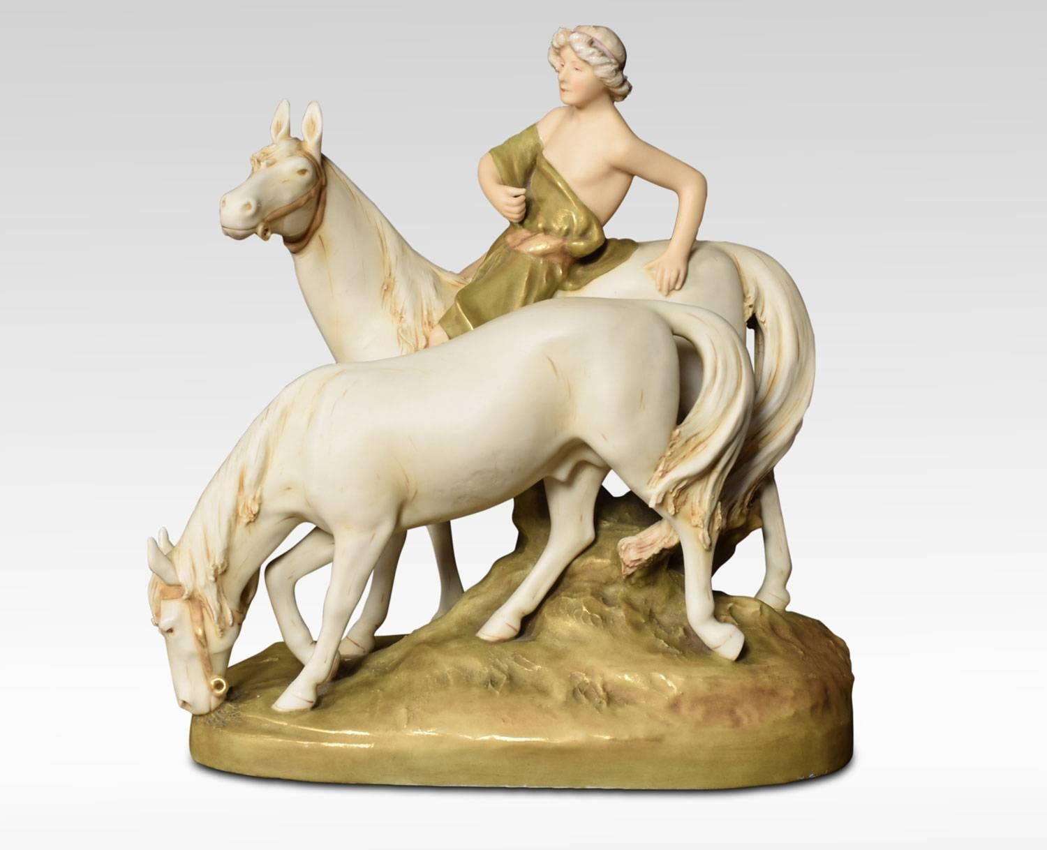 Royal Dux porcelain figure group, early 20th century, of a youth in loose green drapery mounted on a horse, another horse alongside. Impressed and printed marks and numbers underside together with the applied pink triangle mark.
Dimensions
Height