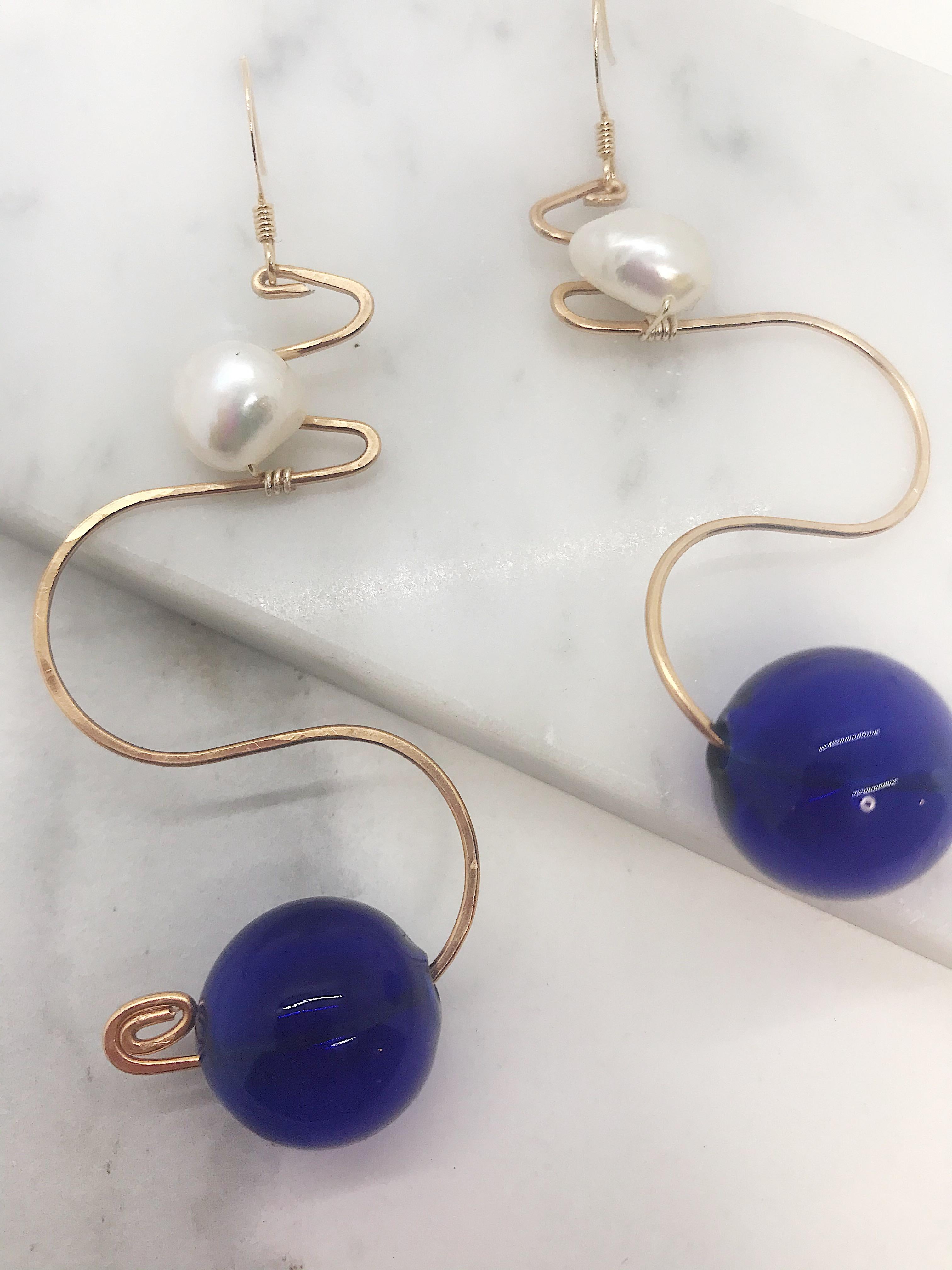 Contemporary Royal Earrings with glass and freshwater pearl by Sidney Cherie Studio For Sale