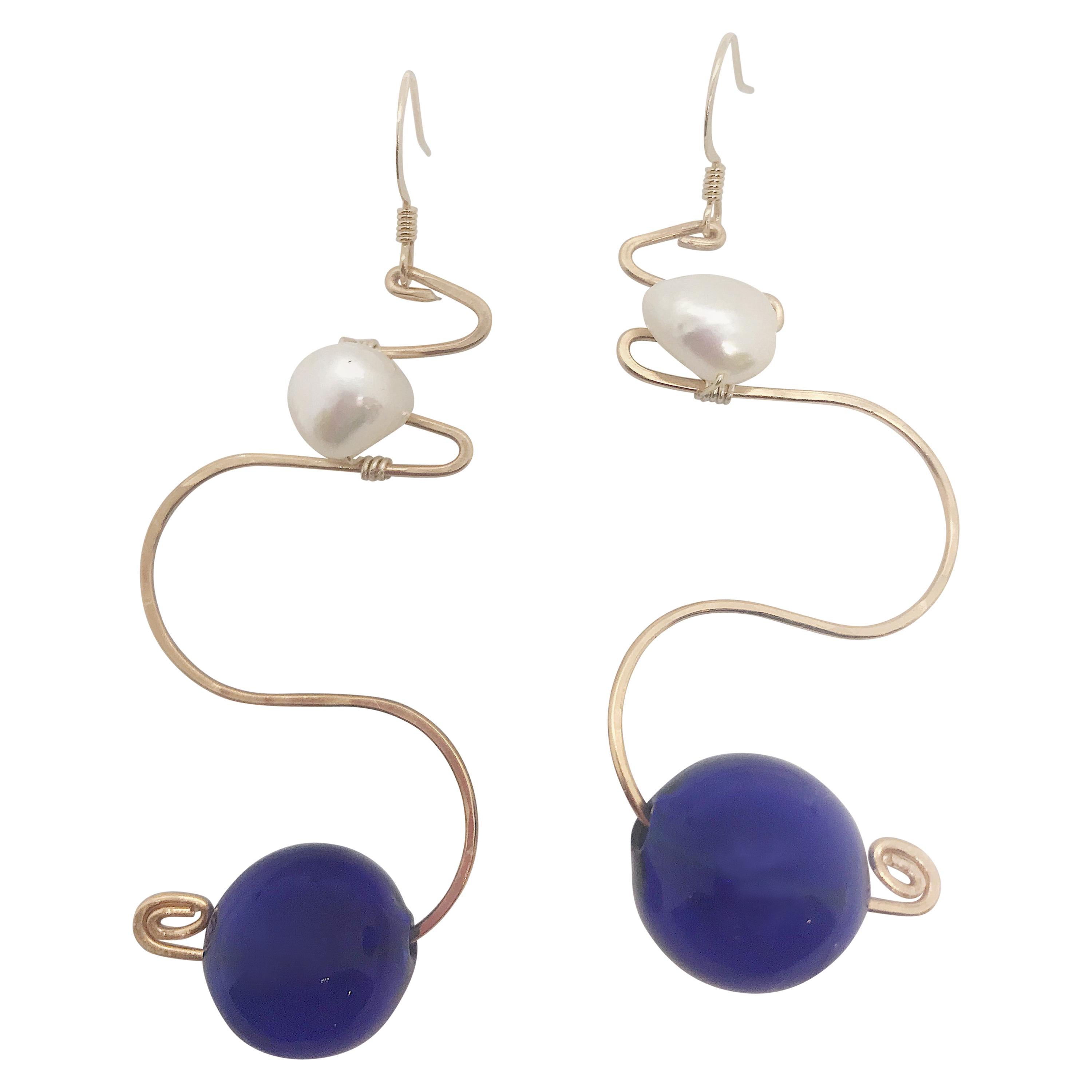 Royal Earrings with glass and freshwater pearl by Sidney Cherie Studio For Sale