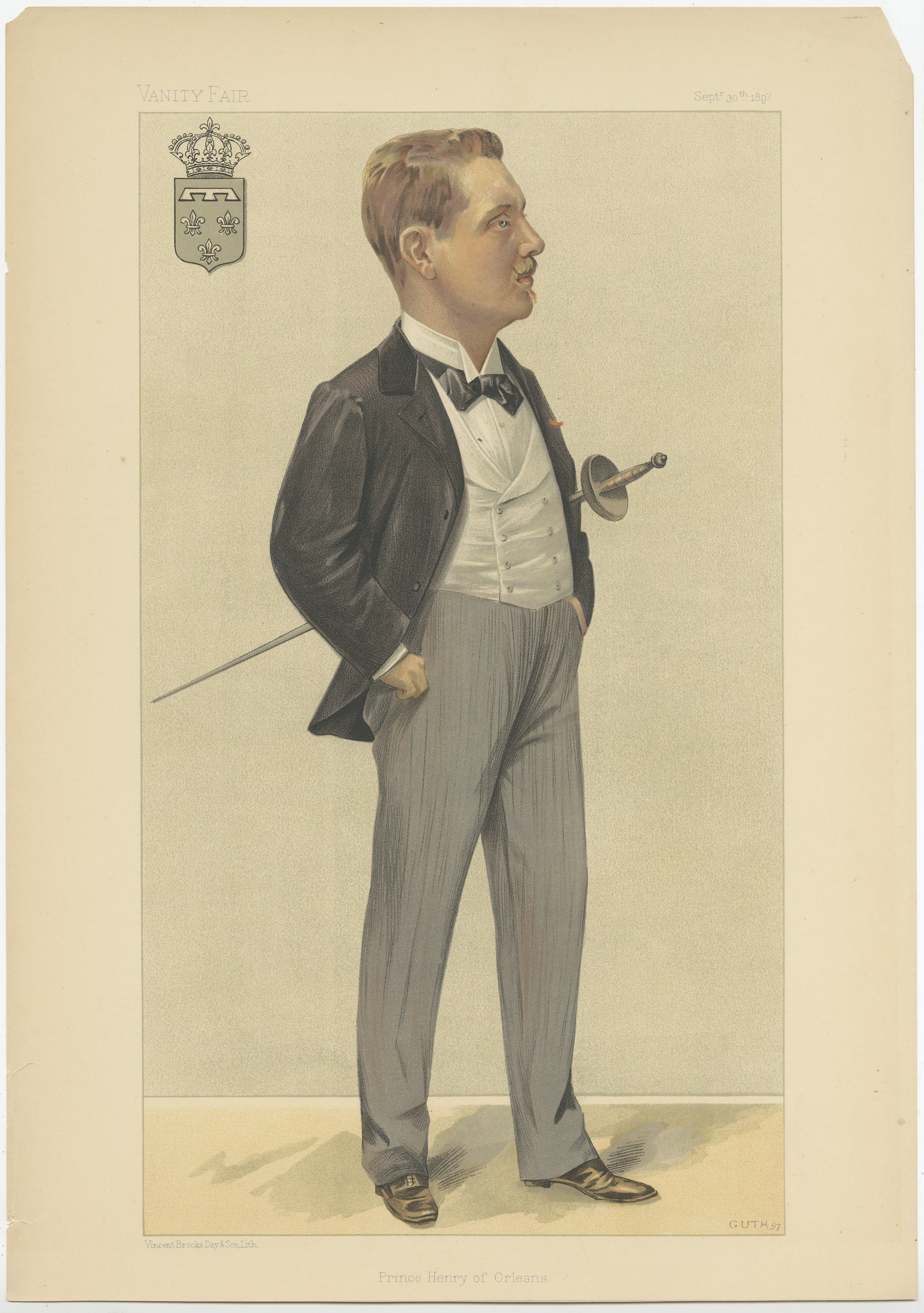 Diese Illustration aus der Vanity Fair vom 30. September 1897 zeigt Prinz Henry von Orleans. Es wurde von Jean Baptiste Guth angefertigt, einem Künstler, der für seine detaillierten und raffinierten Porträts in Vanity Fair bekannt ist. Diese