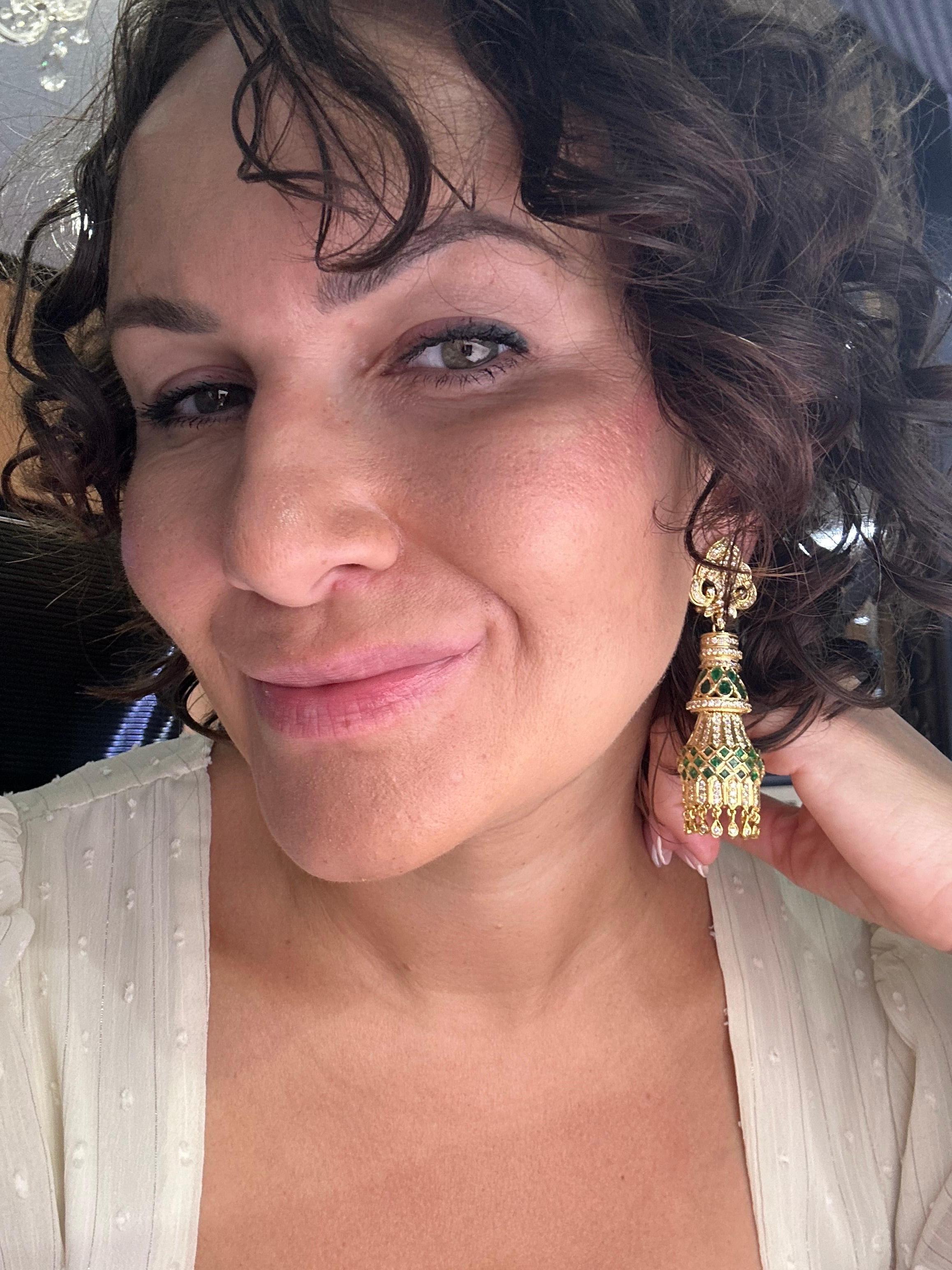 da uomo o donna Orecchini con diamanti e smeraldo Royal Diamond Orecchini a lampadario in oro 18KT in vendita