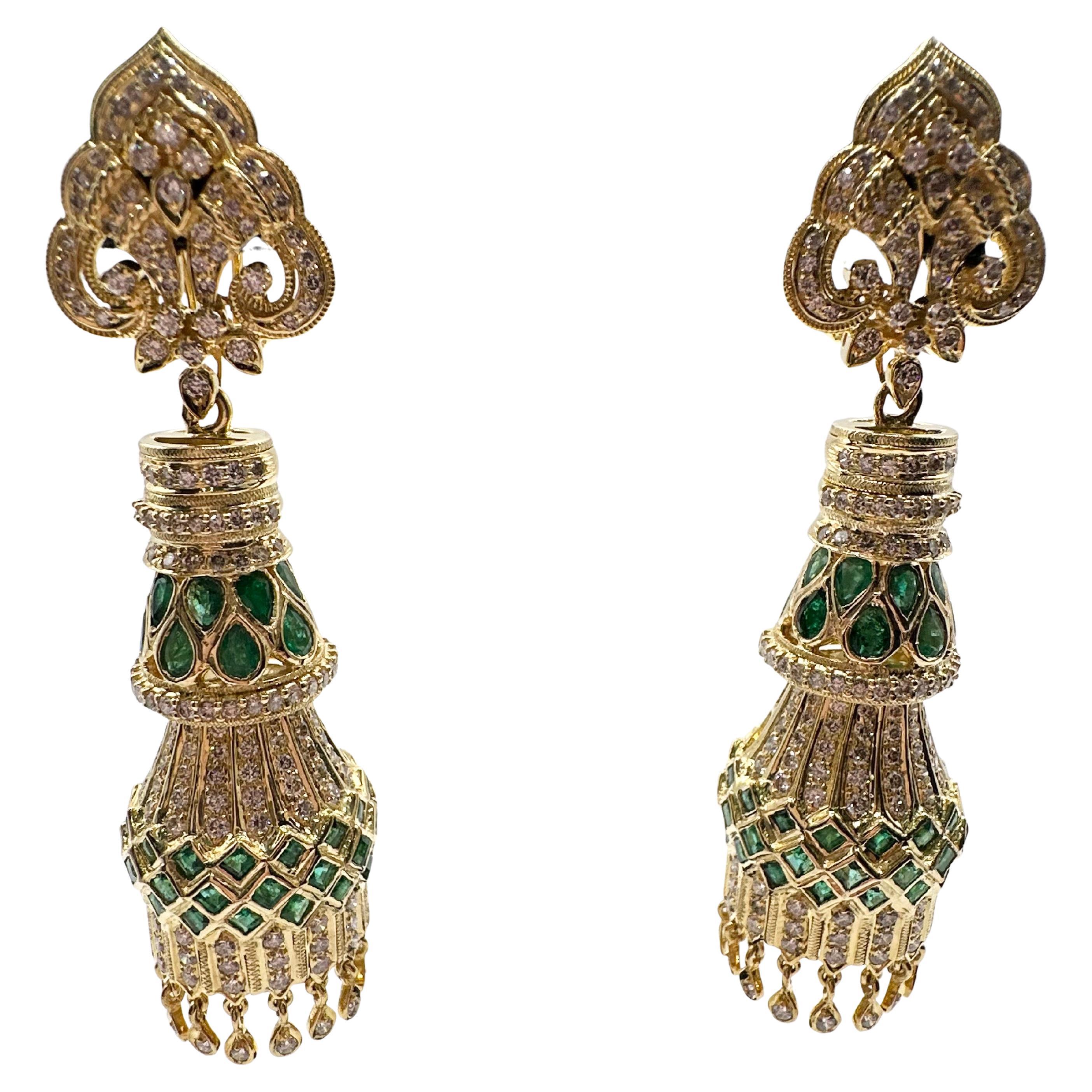 Royal emerald diamond earrings 18KT gold chandelier earrings