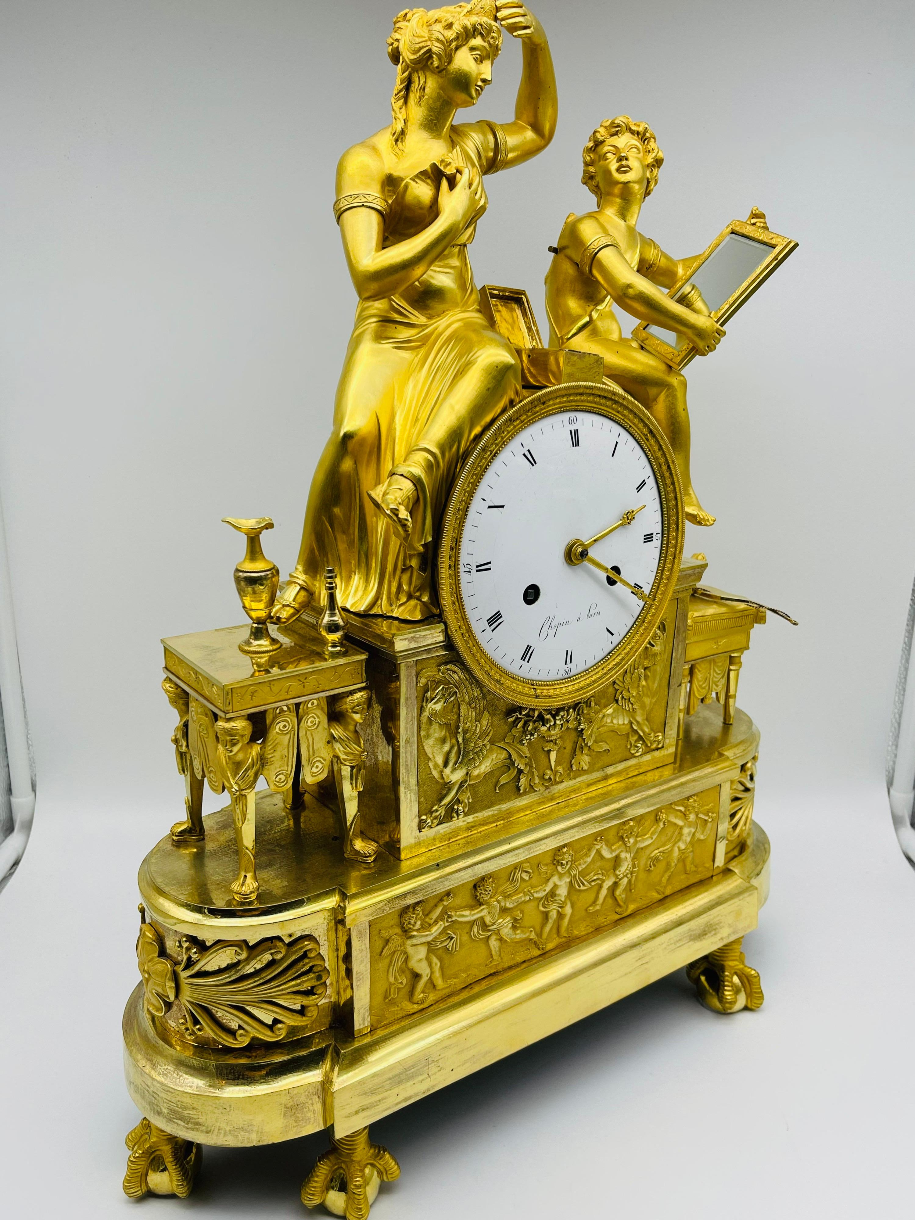Bronze Royal Empire Mantel Clock / Pendulum Clock, Fire-Gilt, Around 1805-1815, Paris For Sale