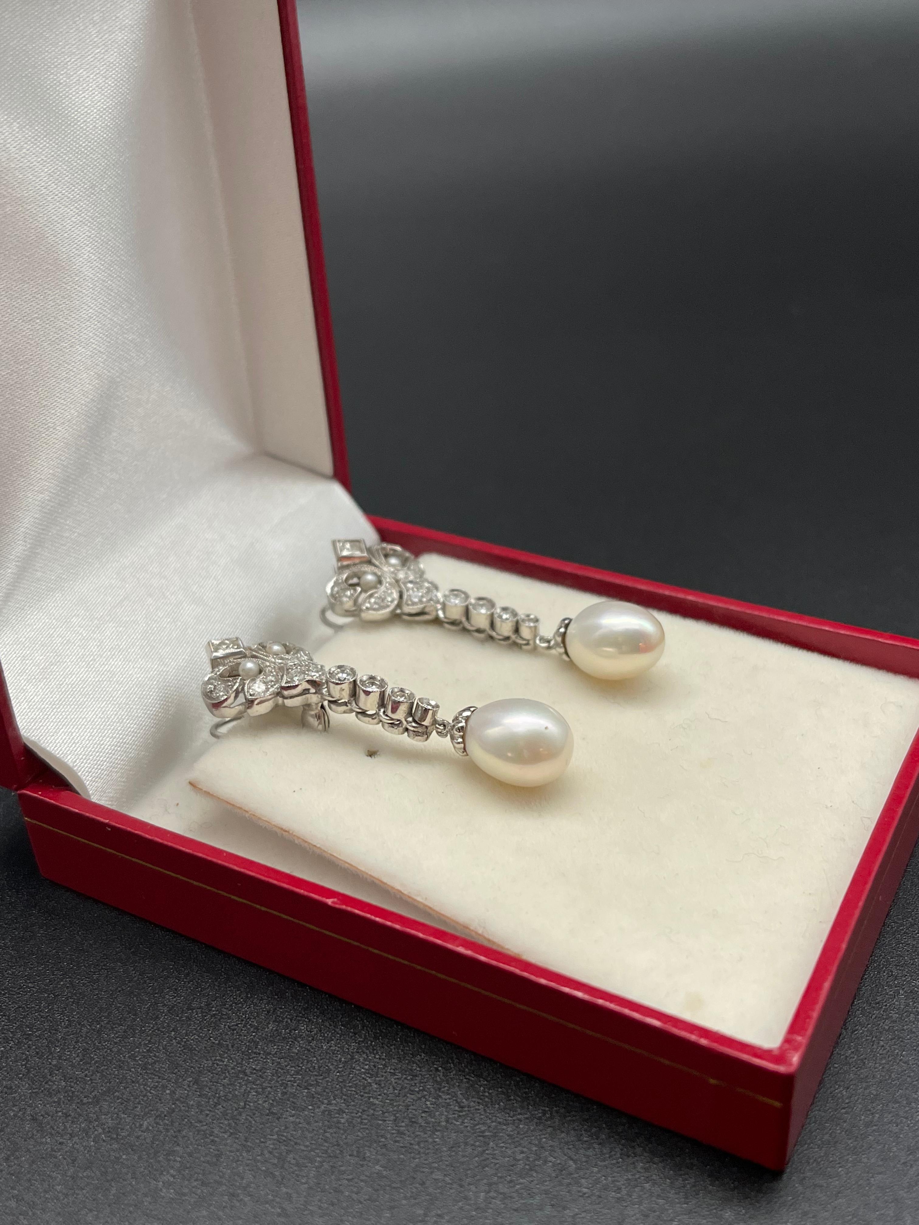Fleur de Lys White Gold Diamonds Pearls Portuguese Gold Earrings For Sale 4